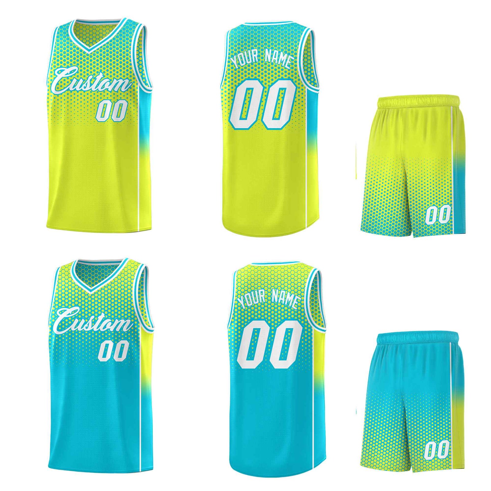 Custom Fluorescent Green Sky Blue Reversible Side Gradient Sports Uniform Dot Pattern Basketball Jersey Kits