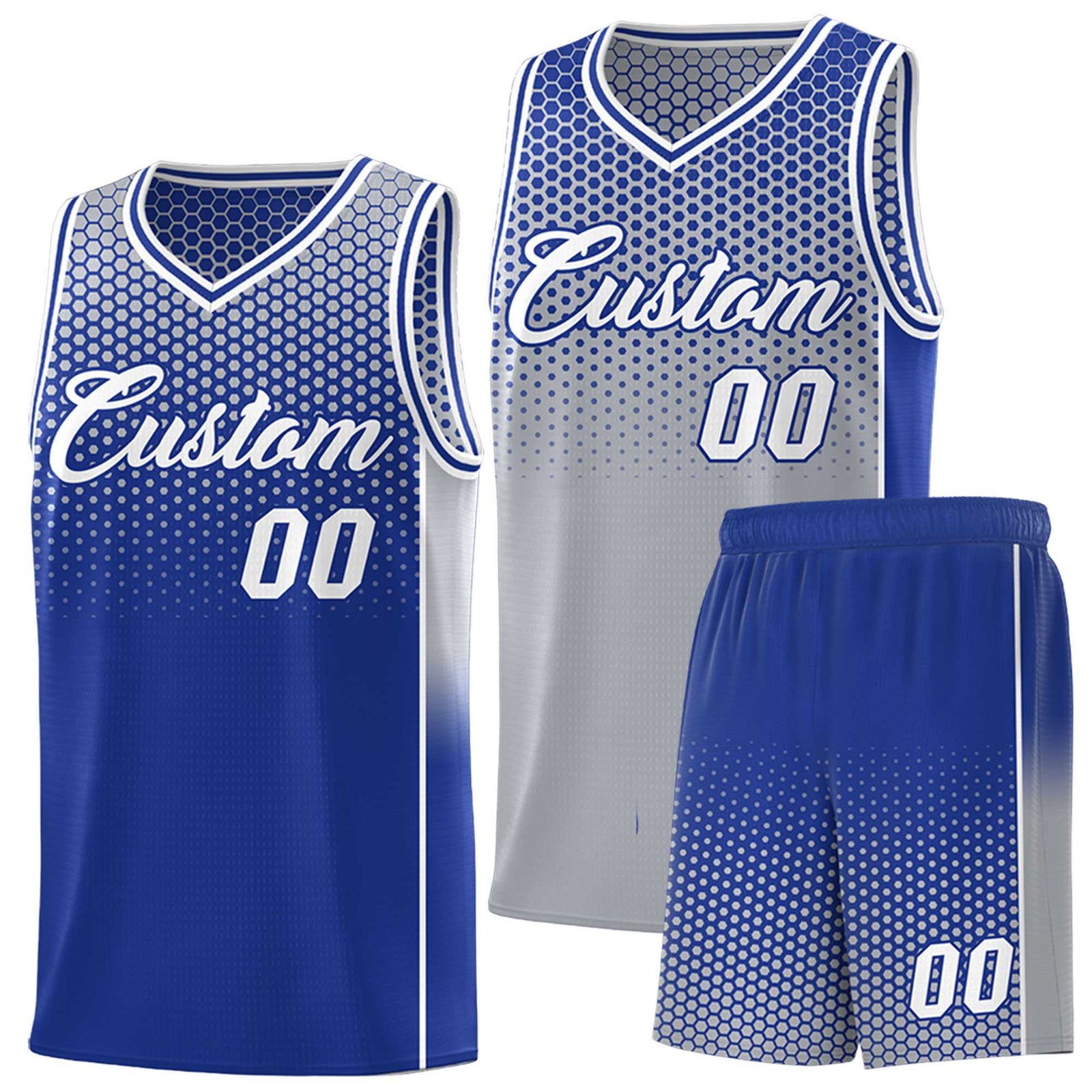 Custom Gray Royal Reversible Side Gradient Sports Uniform Dot Pattern Basketball Jersey Kits