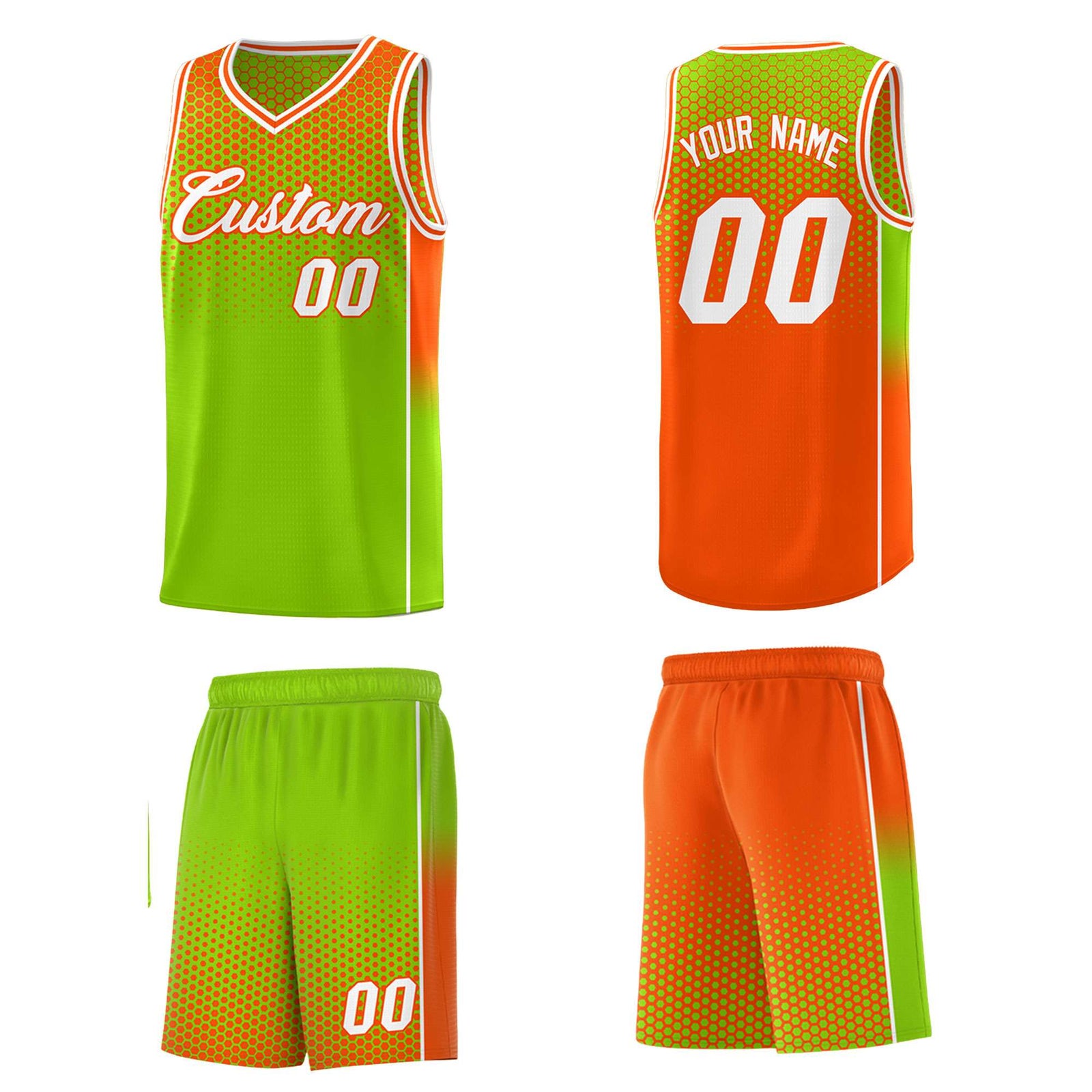 Custom Neon Green Orange Reversible Side Gradient Sports Uniform Dot Pattern Basketball Jersey Kits