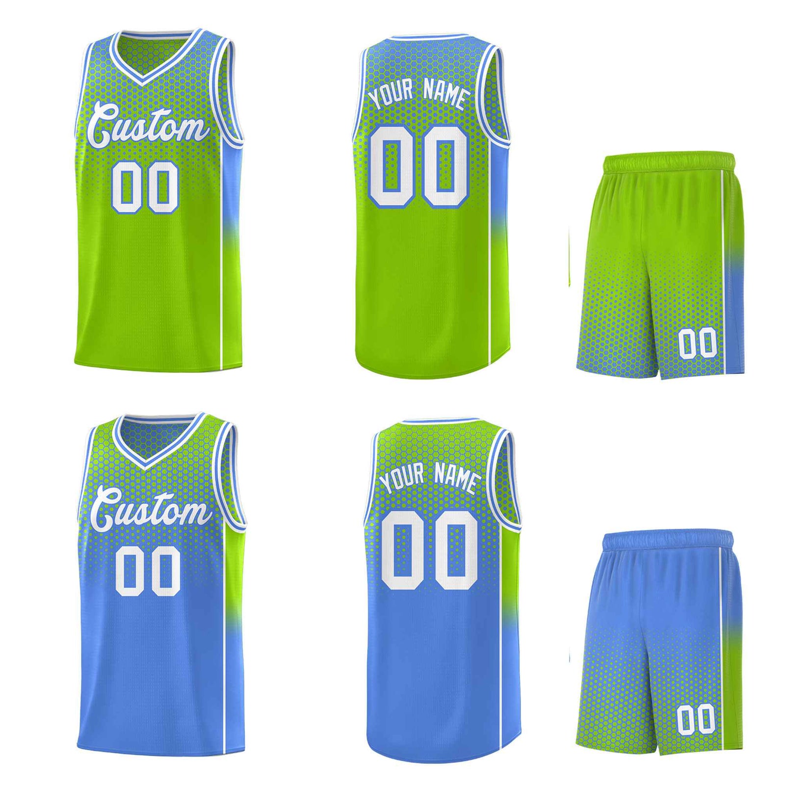 Custom Neon Green Light Blue Reversible Side Gradient Sports Uniform Dot Pattern Basketball Jersey Kits