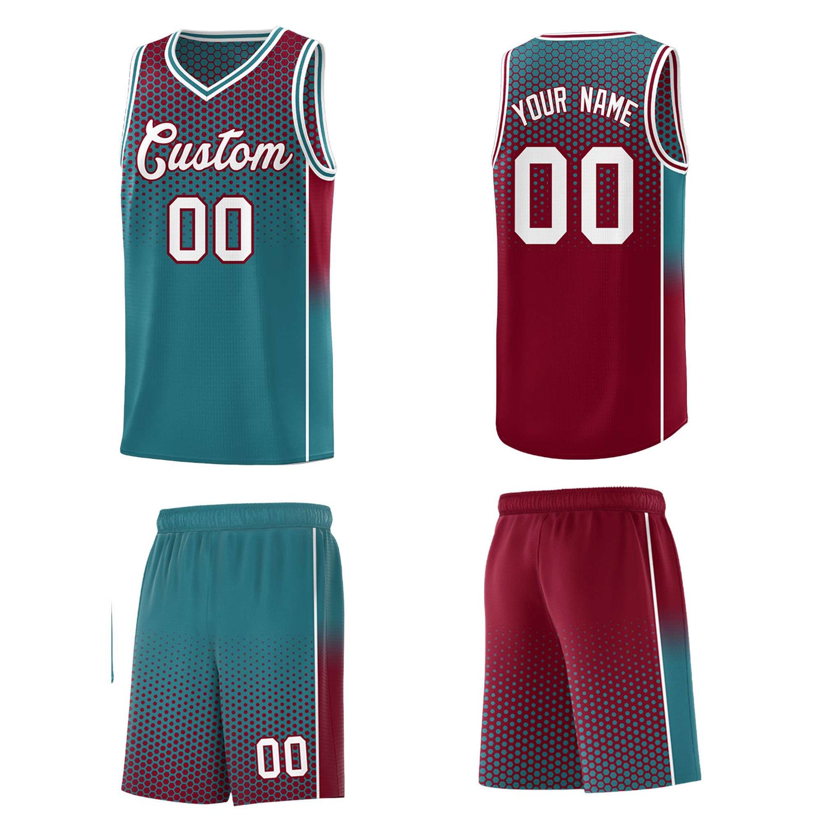 Custom Teal Crimson Reversible Side Gradient Sports Uniform Dot Pattern Basketball Jersey Kits