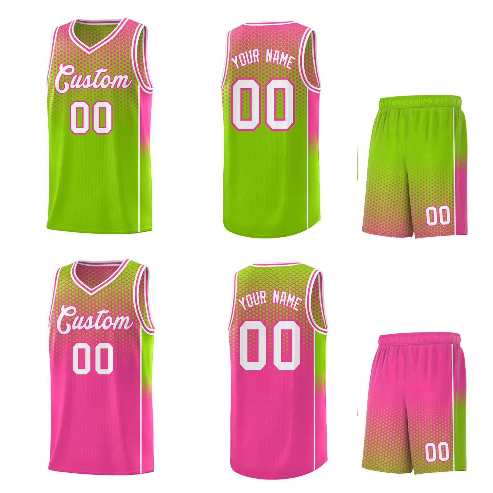 Custom Neon Green Pink Reversible Side Gradient Sports Uniform Dot Pattern Basketball Jersey Kits