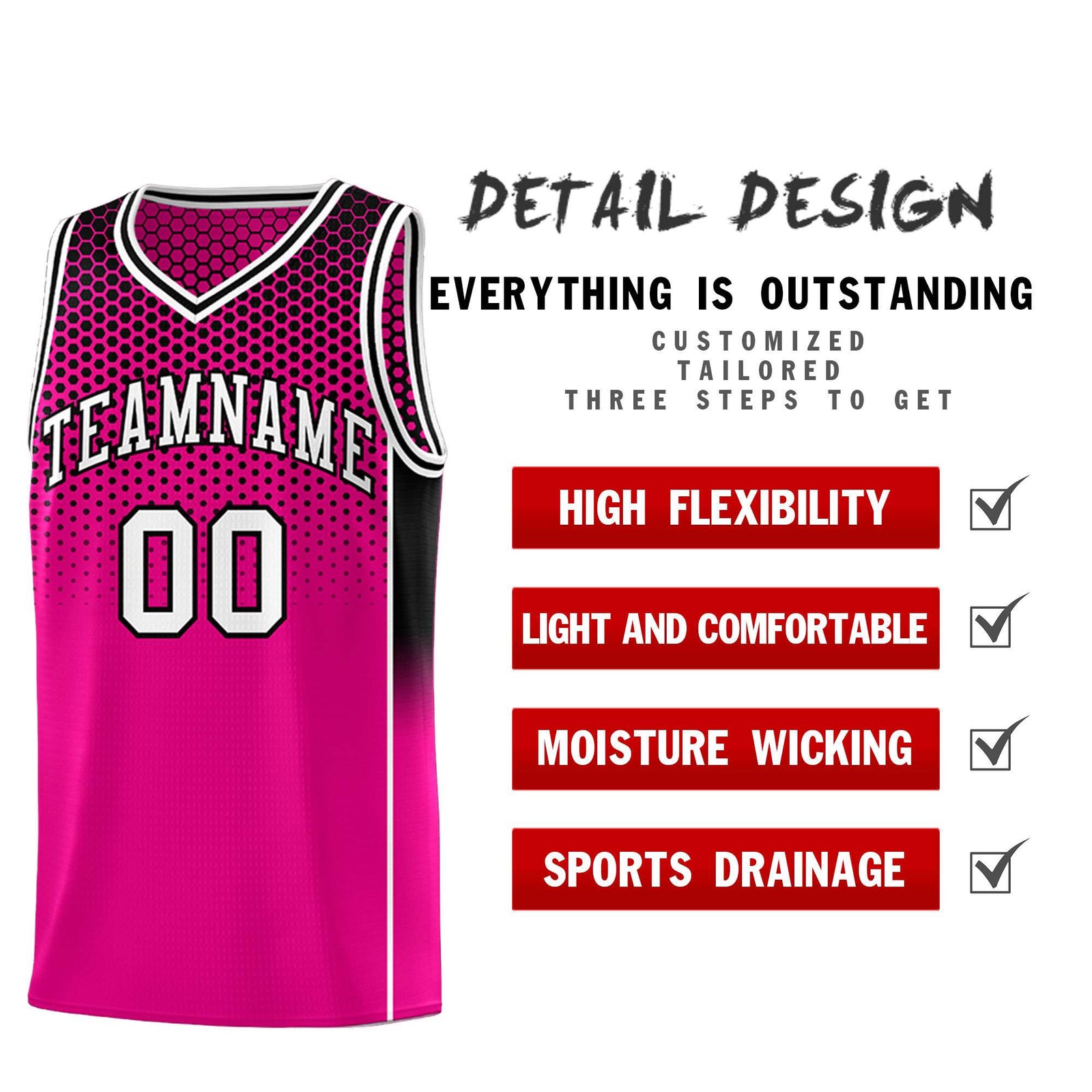 Custom Rose Red Black Reversible Side Gradient Sports Uniform Dot Pattern Basketball Jersey Kits