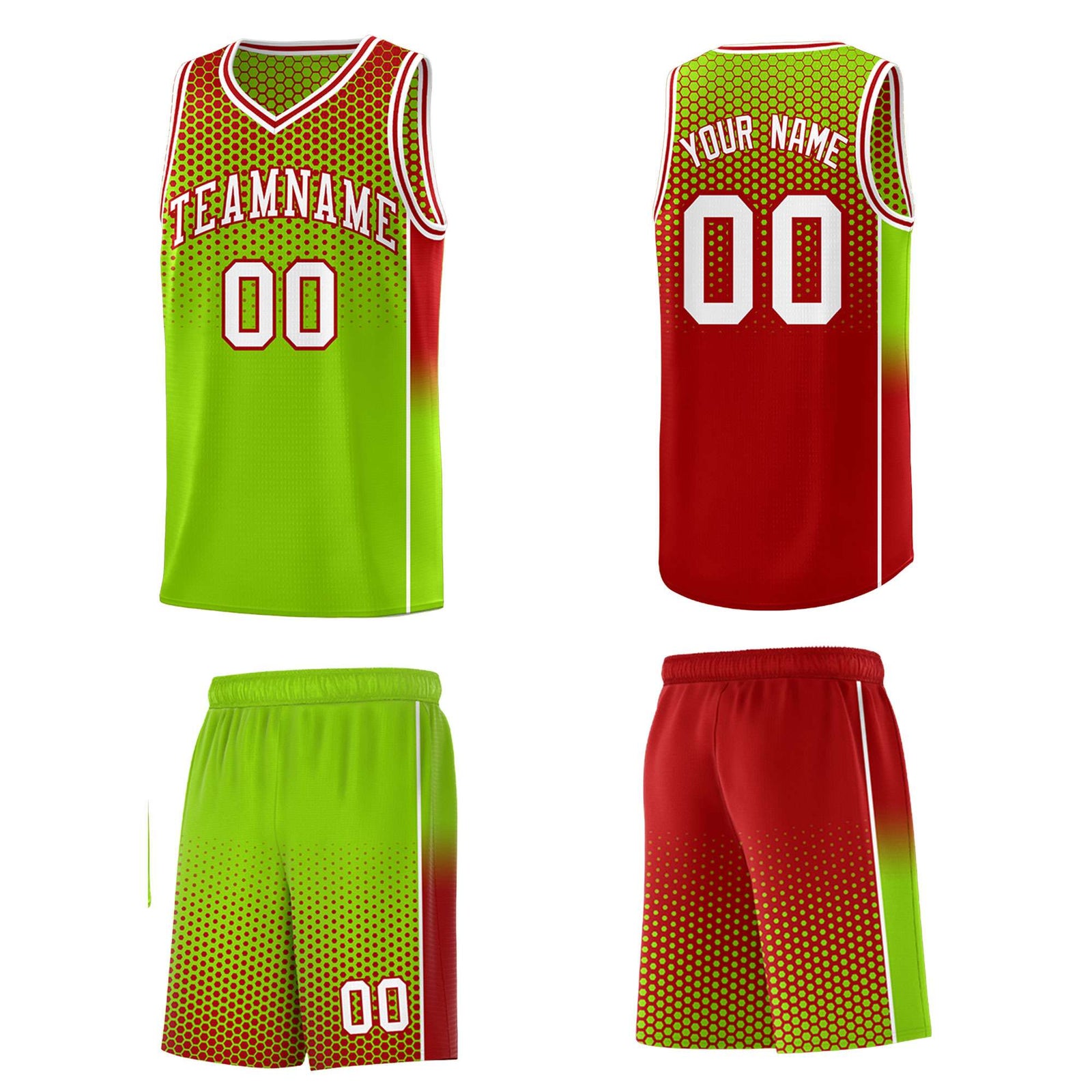 Custom Neon Green Red Reversible Side Gradient Sports Uniform Dot Pattern Basketball Jersey Kits