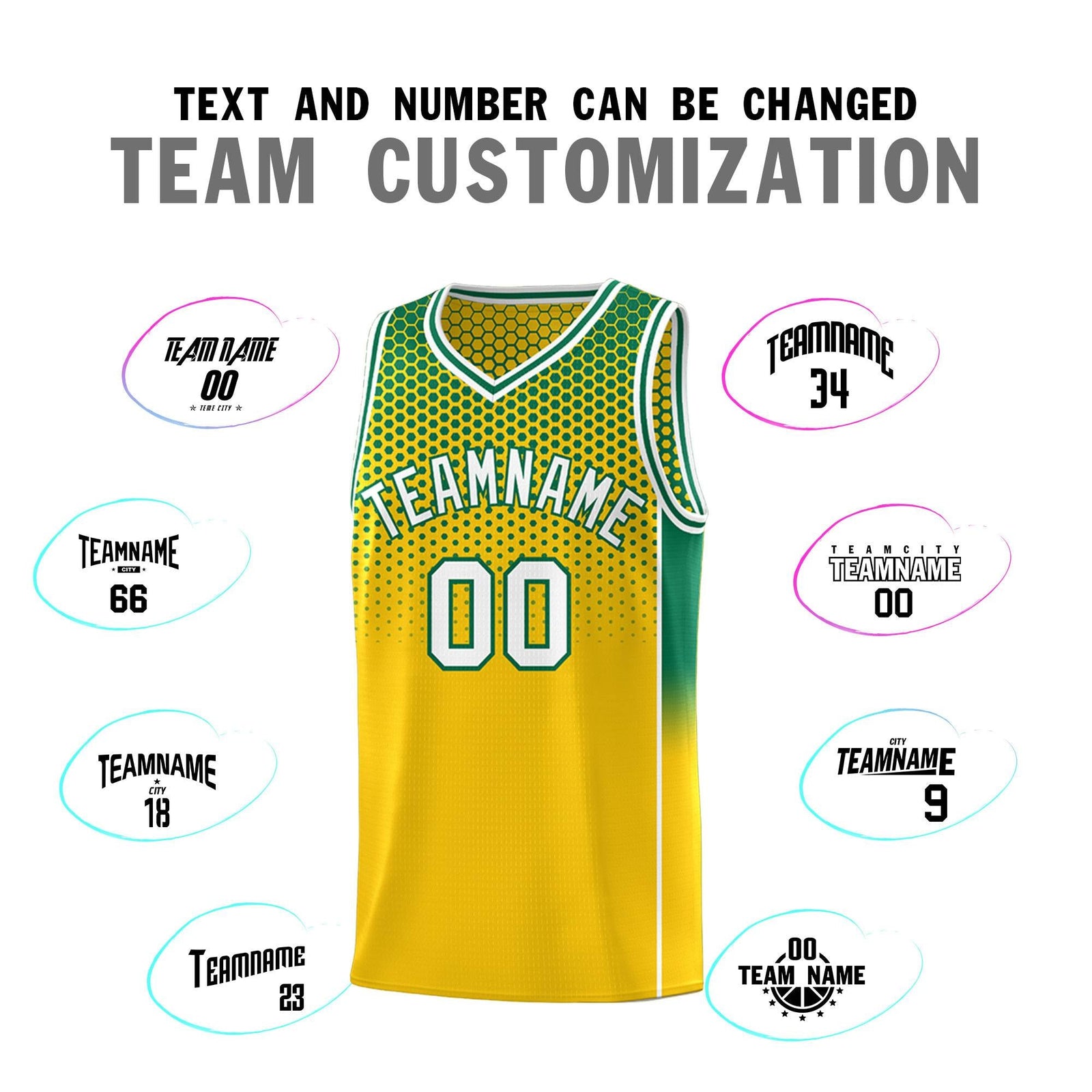 Custom Gold Kelly Green Reversible Side Gradient Sports Uniform Dot Pattern Basketball Jersey Kits