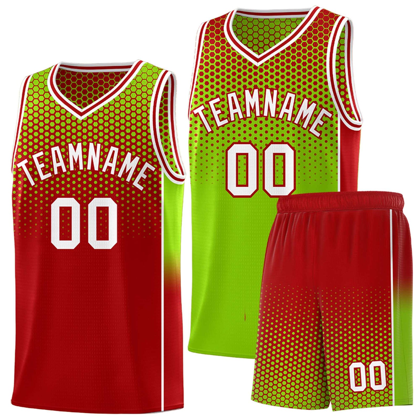 Custom Neon Green Red Reversible Side Gradient Sports Uniform Dot Pattern Basketball Jersey Kits