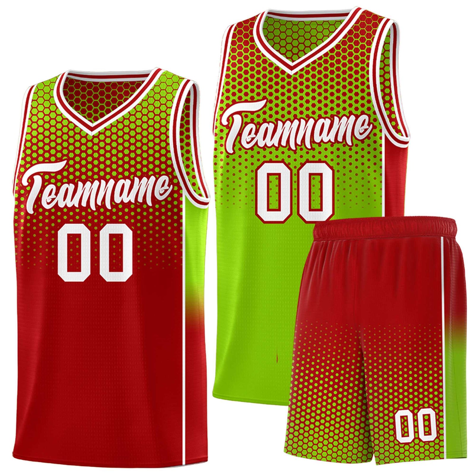 Custom Neon Green Red Reversible Side Gradient Sports Uniform Dot Pattern Basketball Jersey Kits