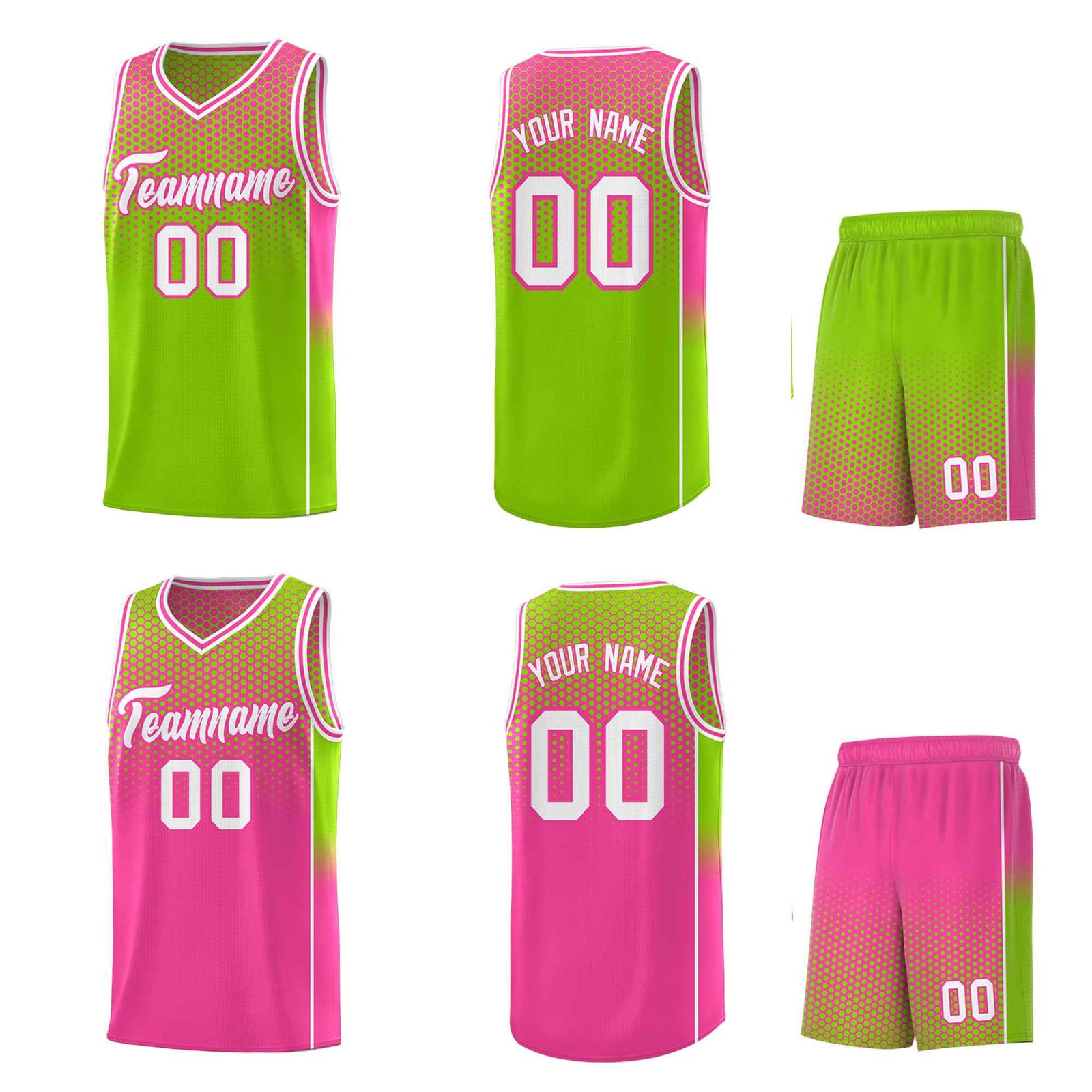 Custom Neon Green Pink Reversible Side Gradient Sports Uniform Dot Pattern Basketball Jersey Kits