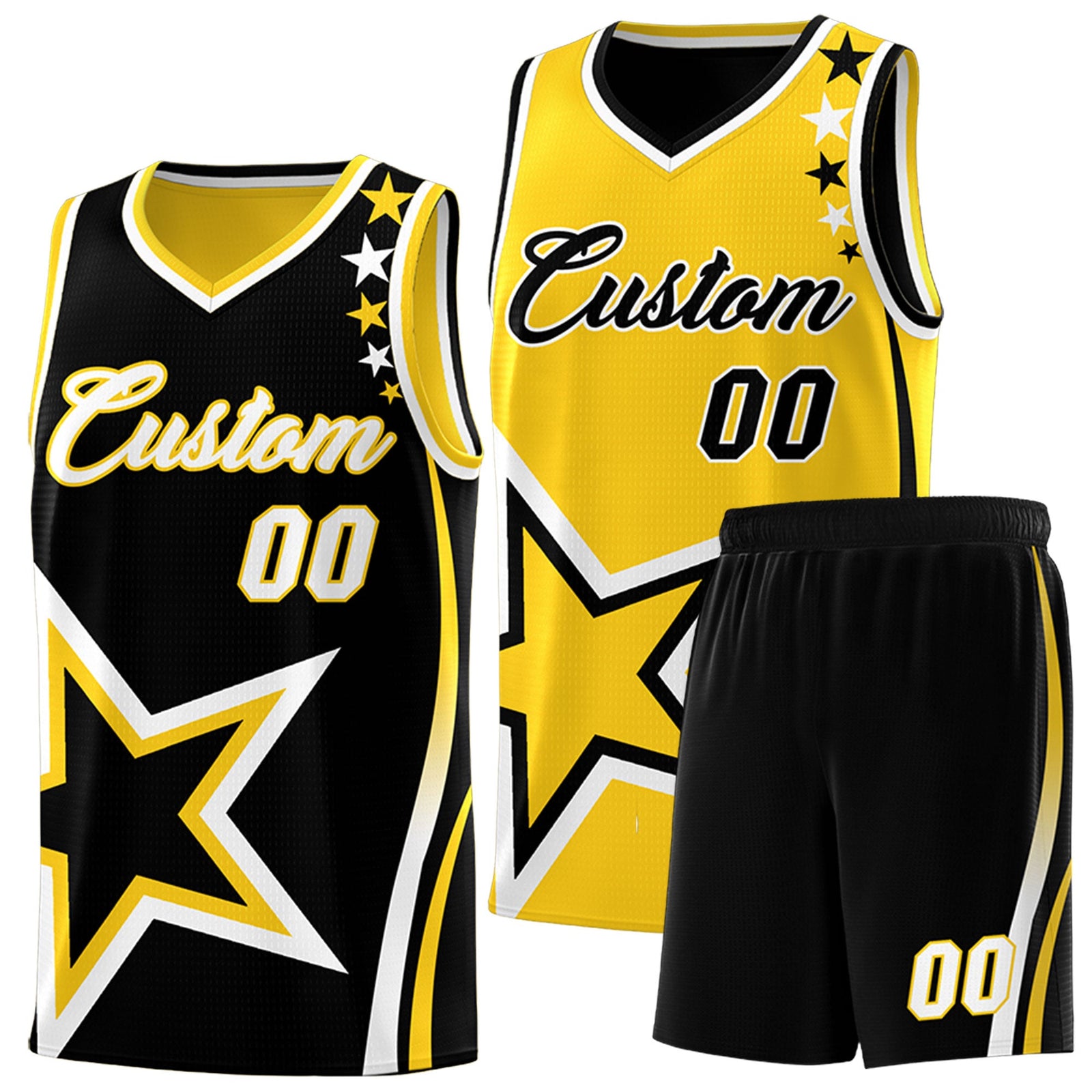 Custom Black Gold White Star Series Reversible Sets Basketball Jersey| KXKSHOP