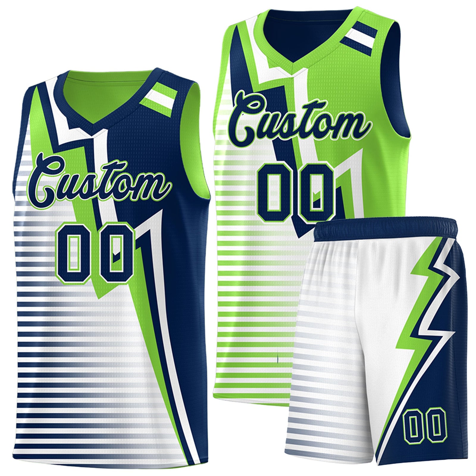Custom Navy Fluorescent Green White Gradient Stripes Lightning Pattern Reversible Sets Basketball Jersey| KXKSHOP