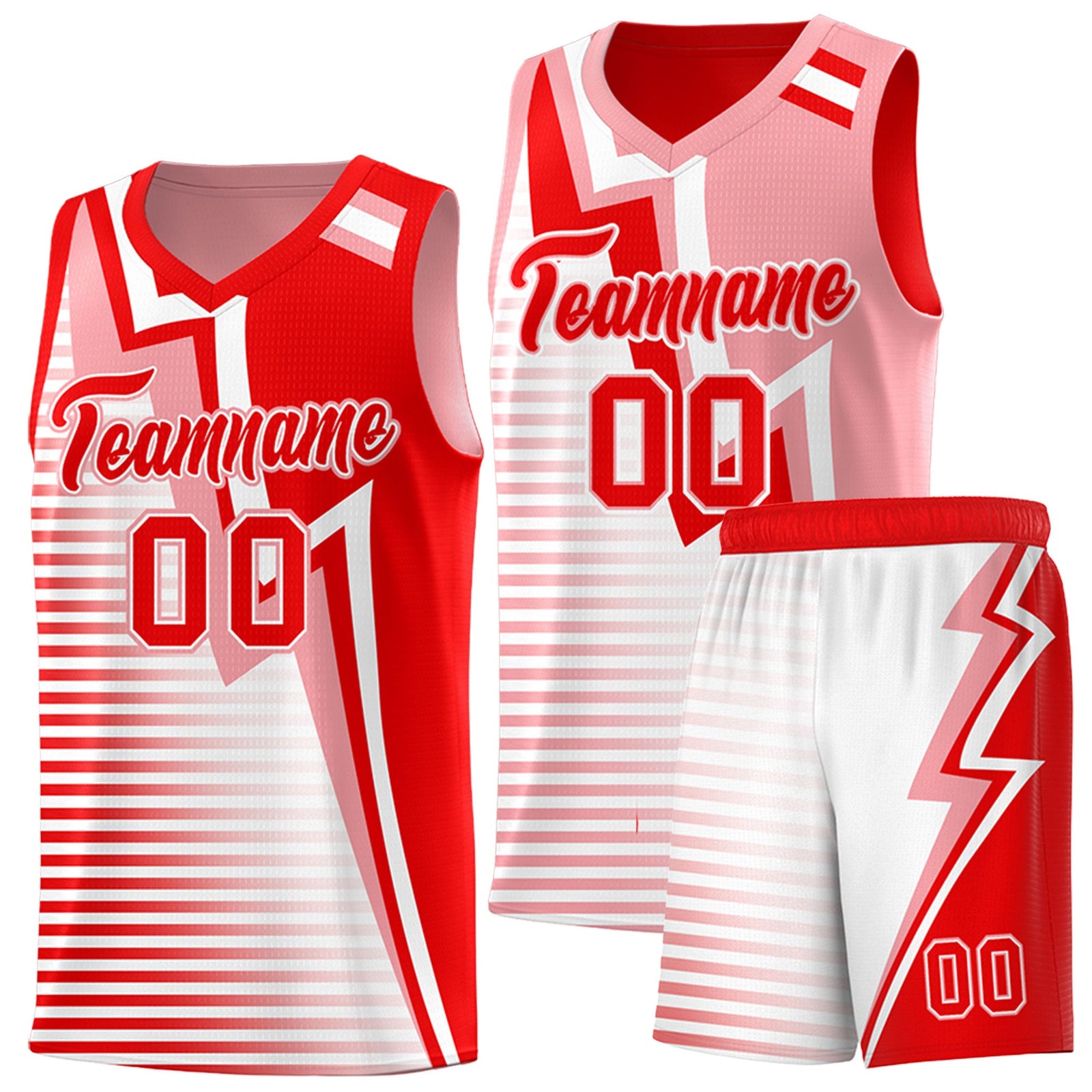 Custom Light Red Light Pink White Gradient Stripes Lightning Pattern Reversible Sets Basketball Jersey| KXKSHOP