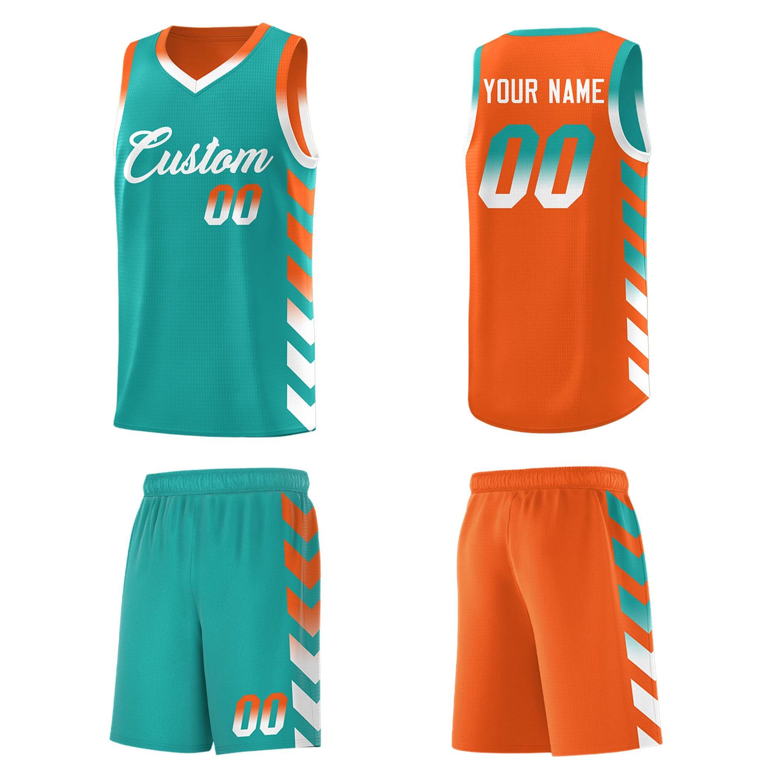 Custom Orange Aqua Reversible Basketball Jersey Kits - Side Arrow Aqua White Gradient