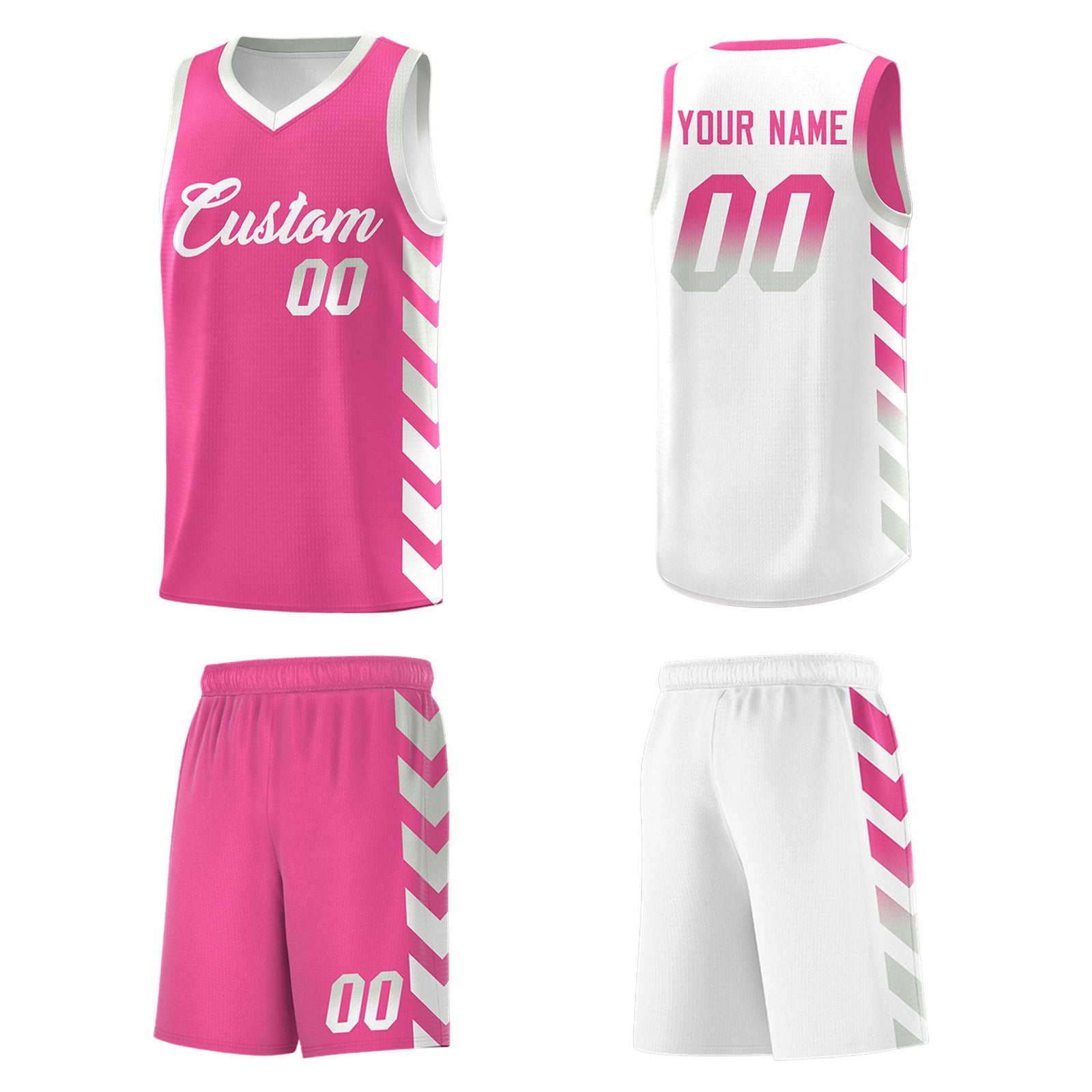 Custom White Pink Reversible Basketball Jersey Kits - Side Arrow Pink Gray Gradient