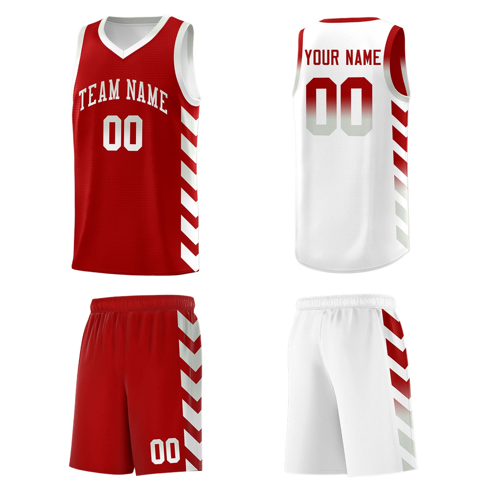 Custom White Red Reversible Basketball Jersey Kits - Side Arrow Red Gray Gradient