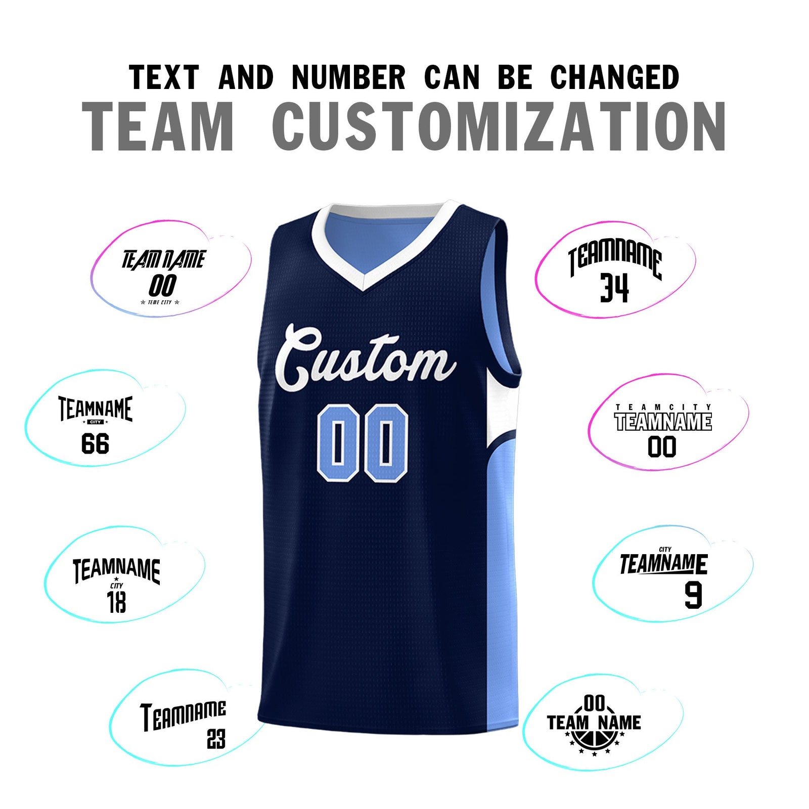 Custom Navy Light Blue Side U-shaped Patttern Double Side Sports Uniform Basketball Jersey