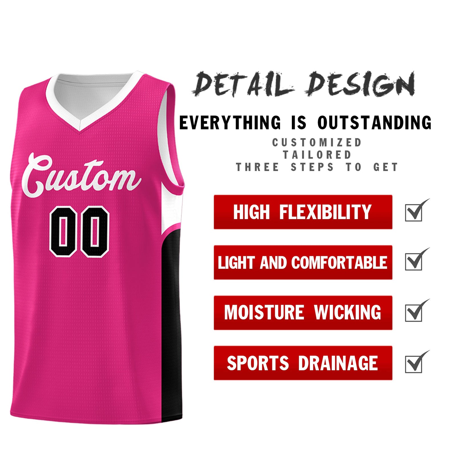 Custom Pink White Side U-shaped Patttern Double Side Sports Uniform Basketball Jersey