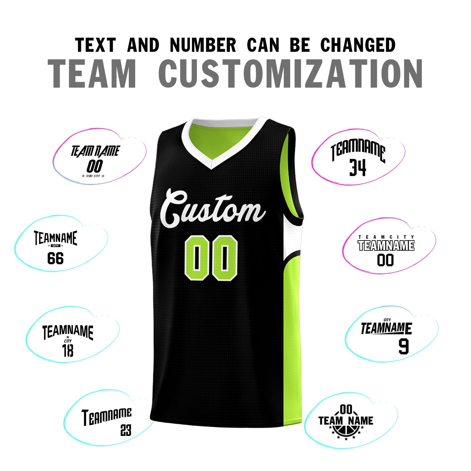 Custom Black Neon Green Side U-shaped Patttern Double Side Sports Uniform Basketball Jersey