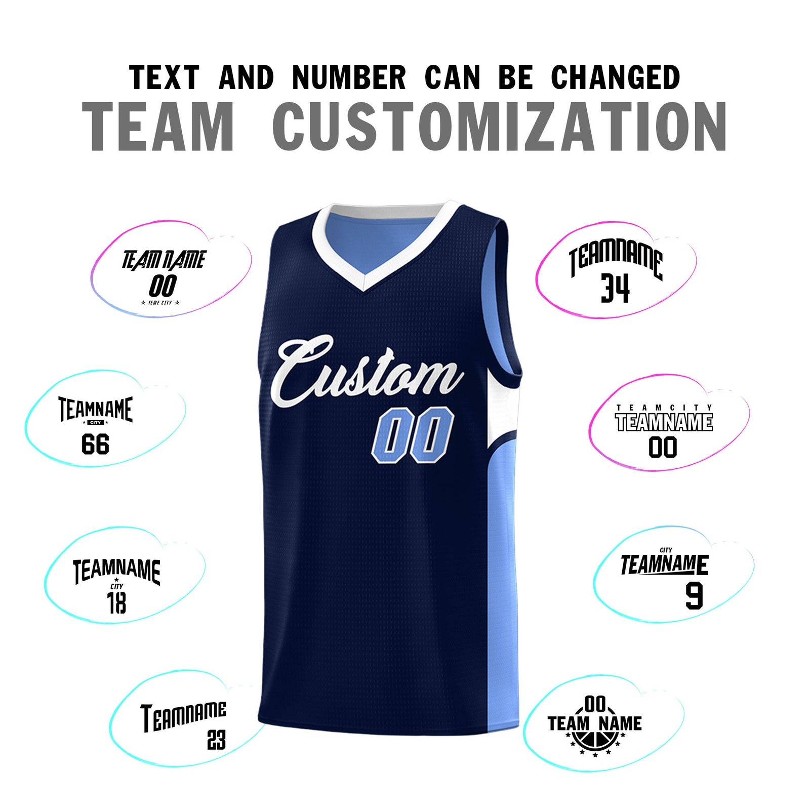 Custom Navy Light Blue Side U-shaped Patttern Double Side Sports Uniform Basketball Jersey