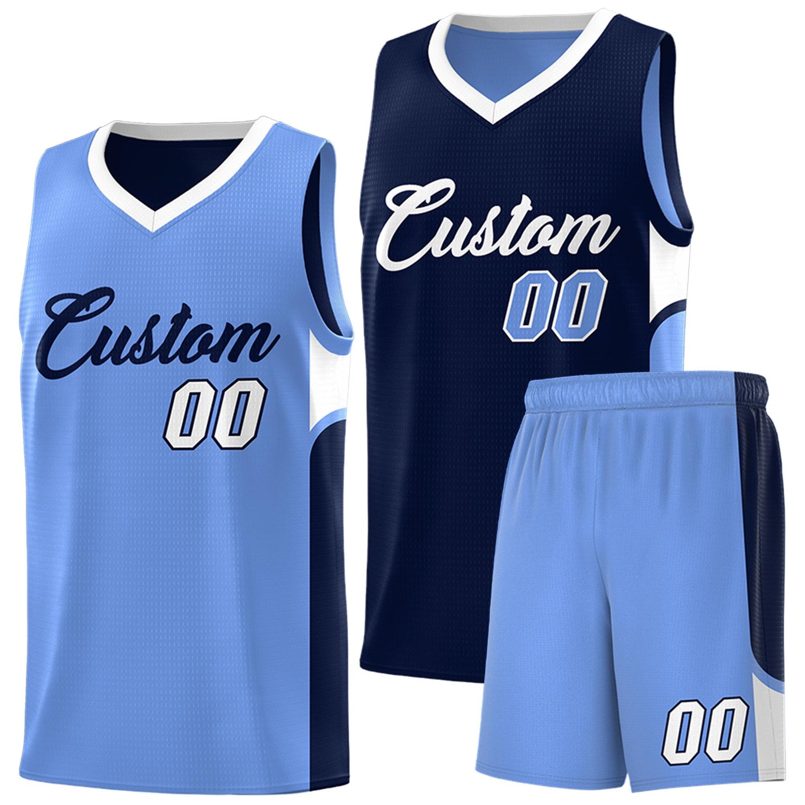 Custom Navy Light Blue Side U-shaped Patttern Double Side Sports Uniform Basketball Jersey