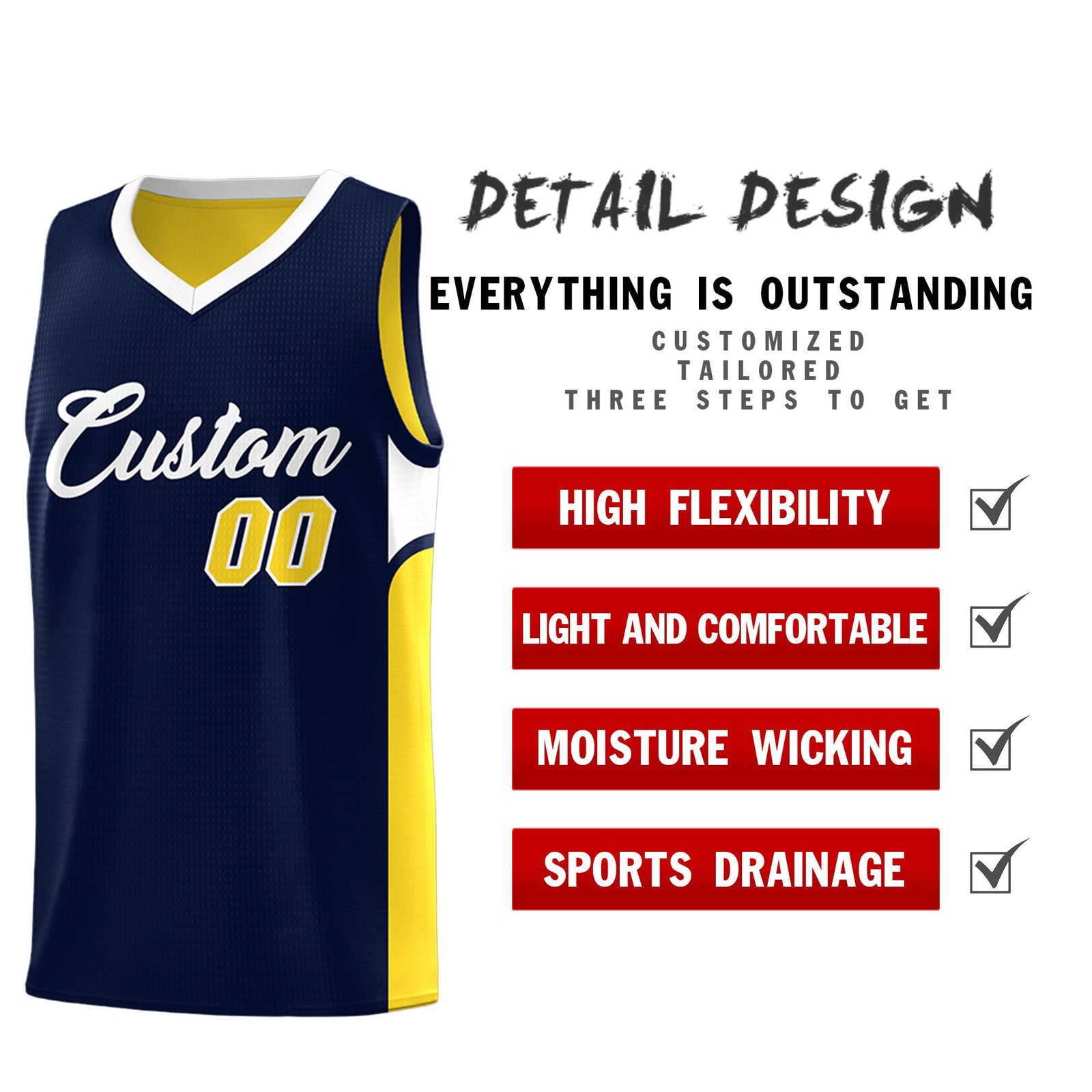 Custom Navy Gold Side U-shaped Patttern Double Side Sports Uniform Basketball Jersey