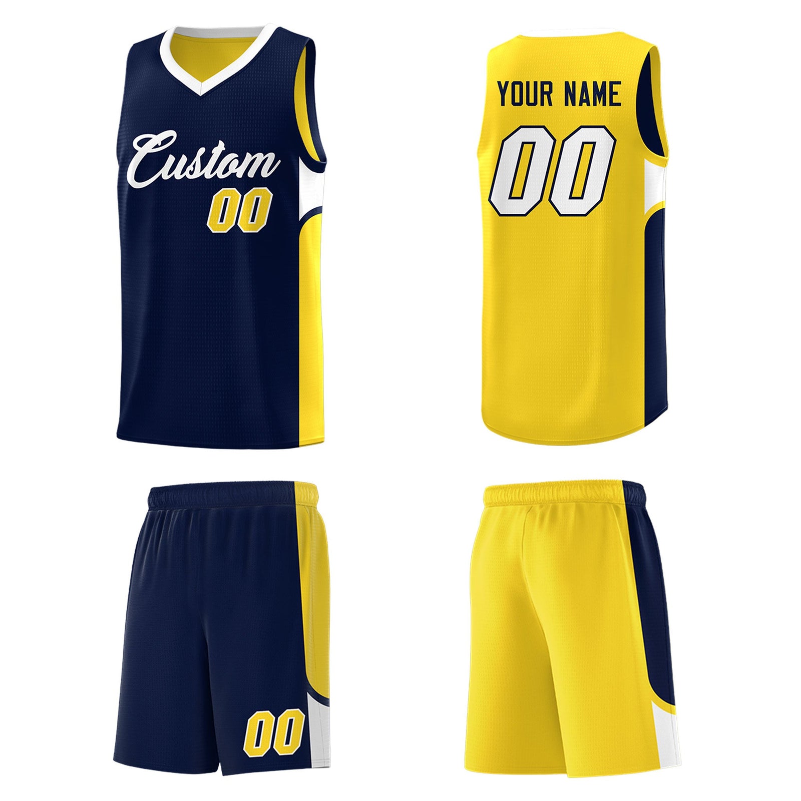 Custom Navy Gold Side U-shaped Patttern Double Side Sports Uniform Basketball Jersey