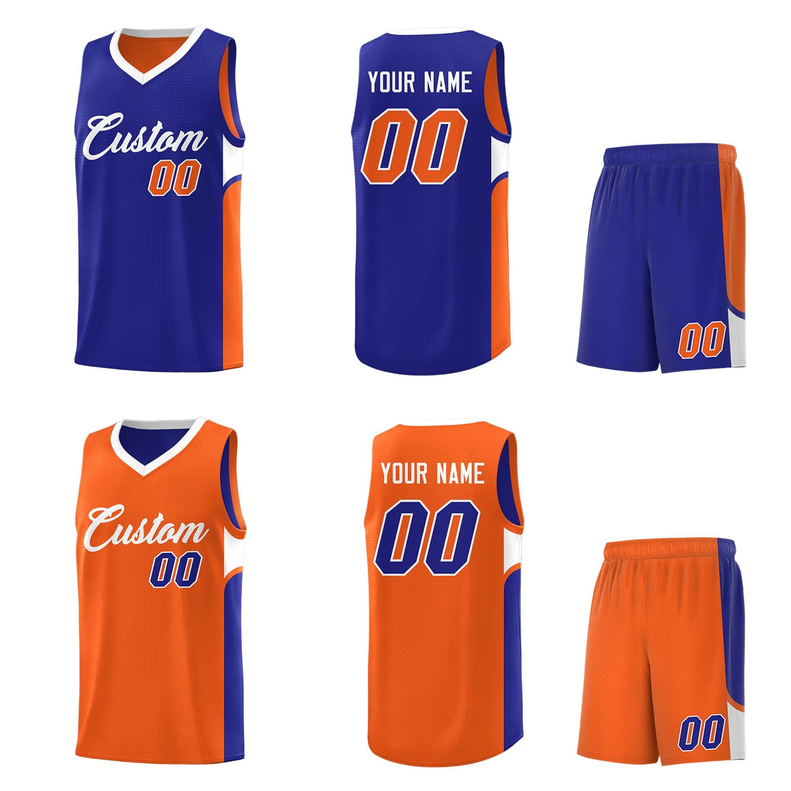Custom Royal Orange Side U-shaped Patttern Double Side Sports Uniform Basketball Jersey