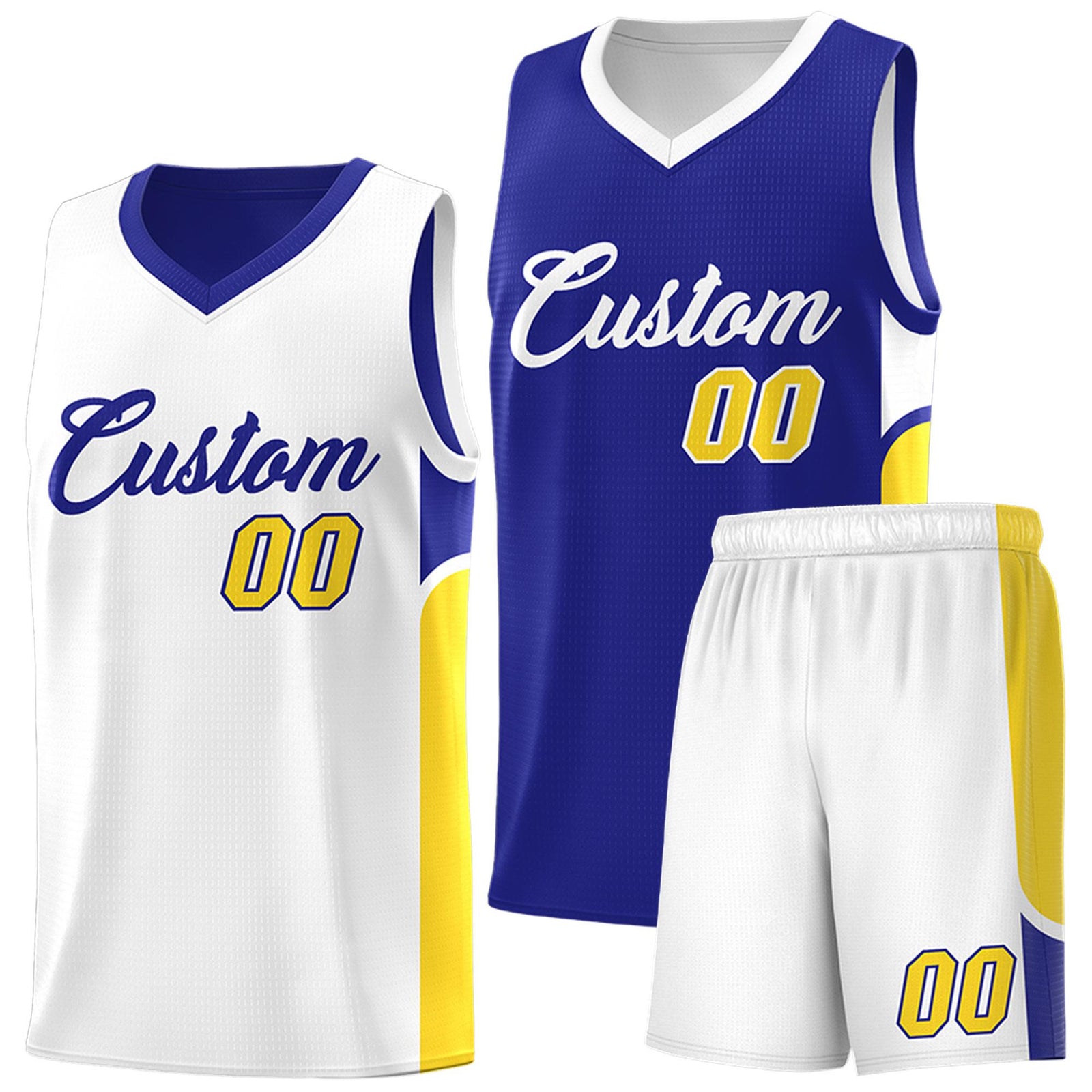 Custom Royal White Side U-shaped Patttern Double Side Sports Uniform Basketball Jersey