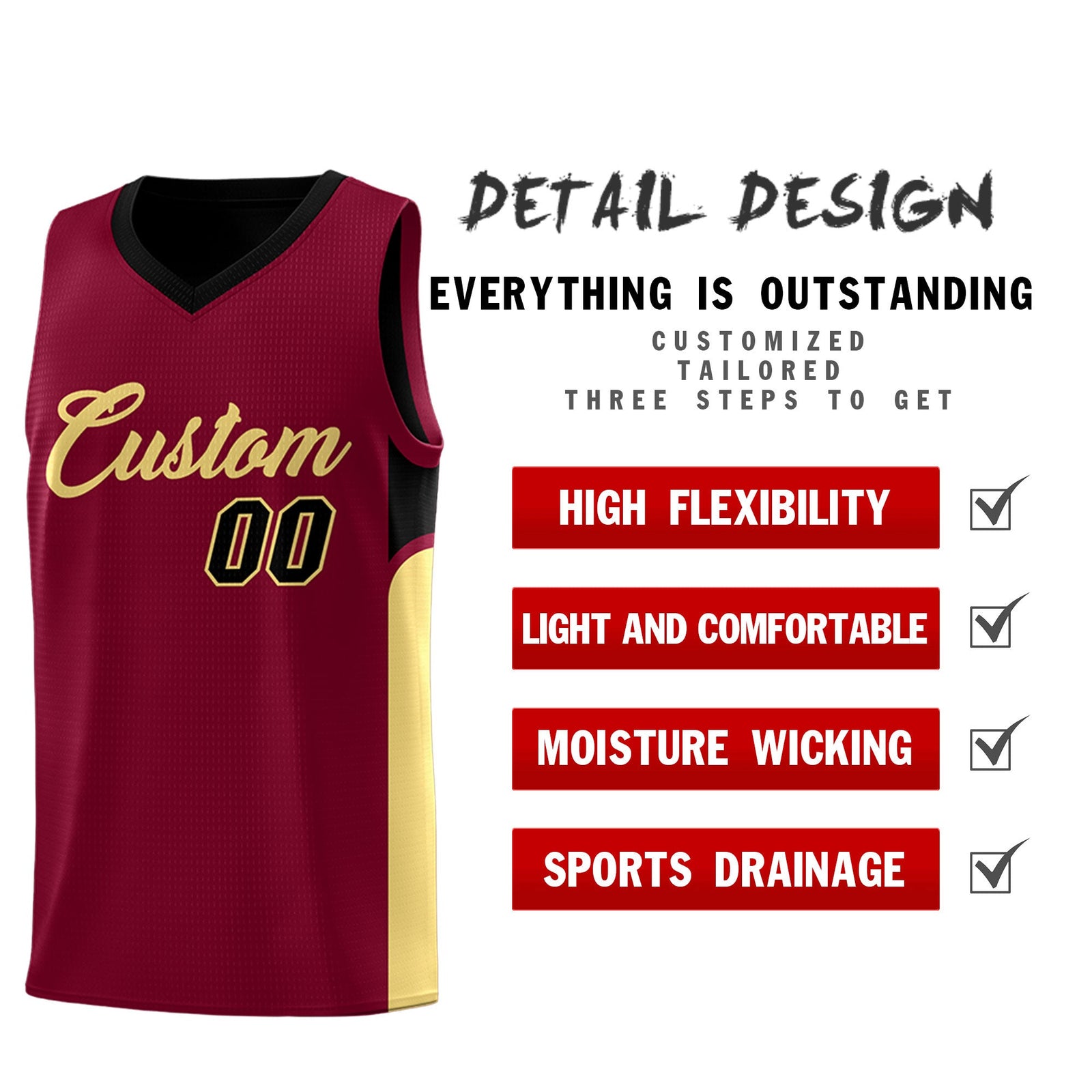 Custom Crimson Black Side U-shaped Patttern Double Side Sports Uniform Basketball Jersey