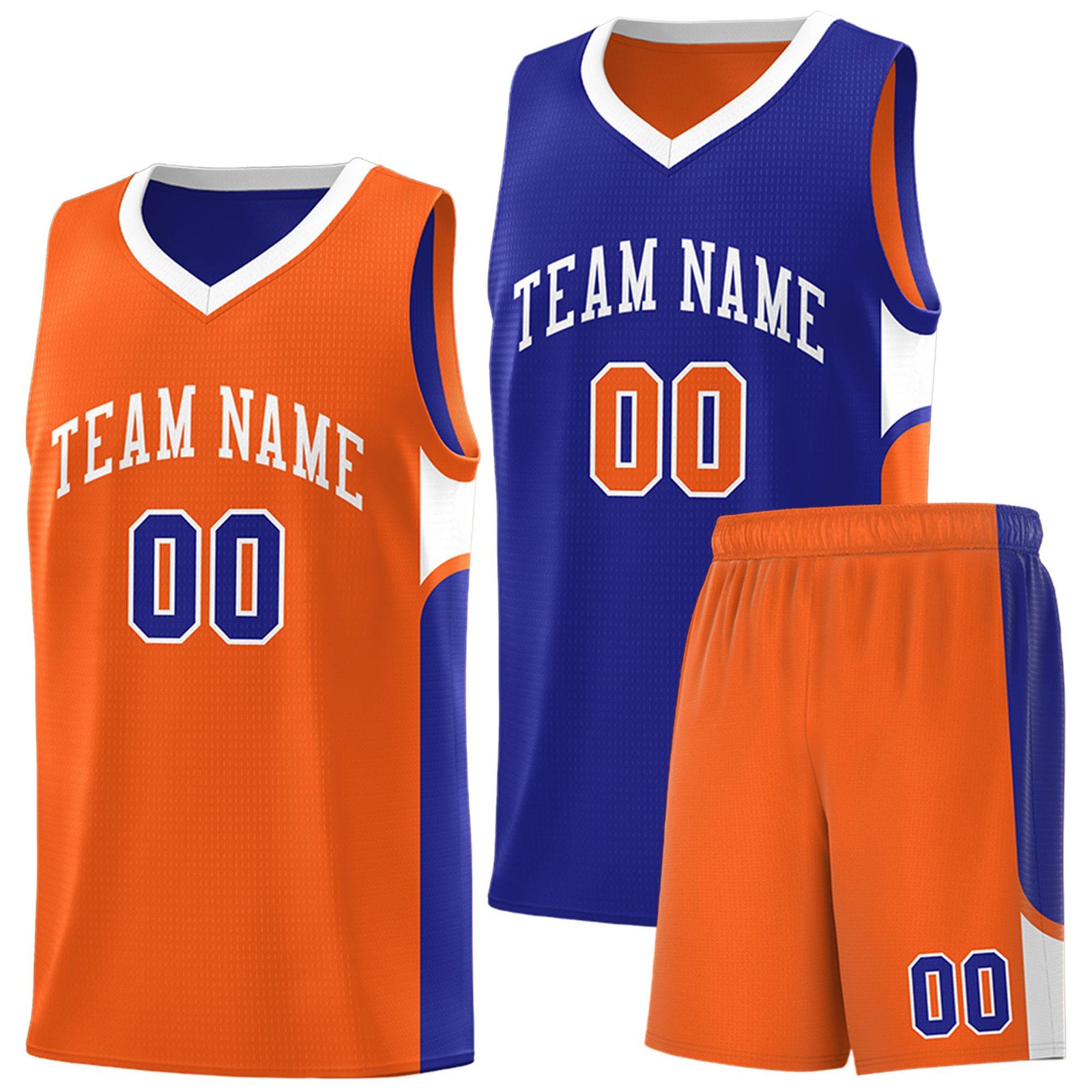 Custom Royal Orange Side U-shaped Patttern Double Side Sports Uniform Basketball Jersey