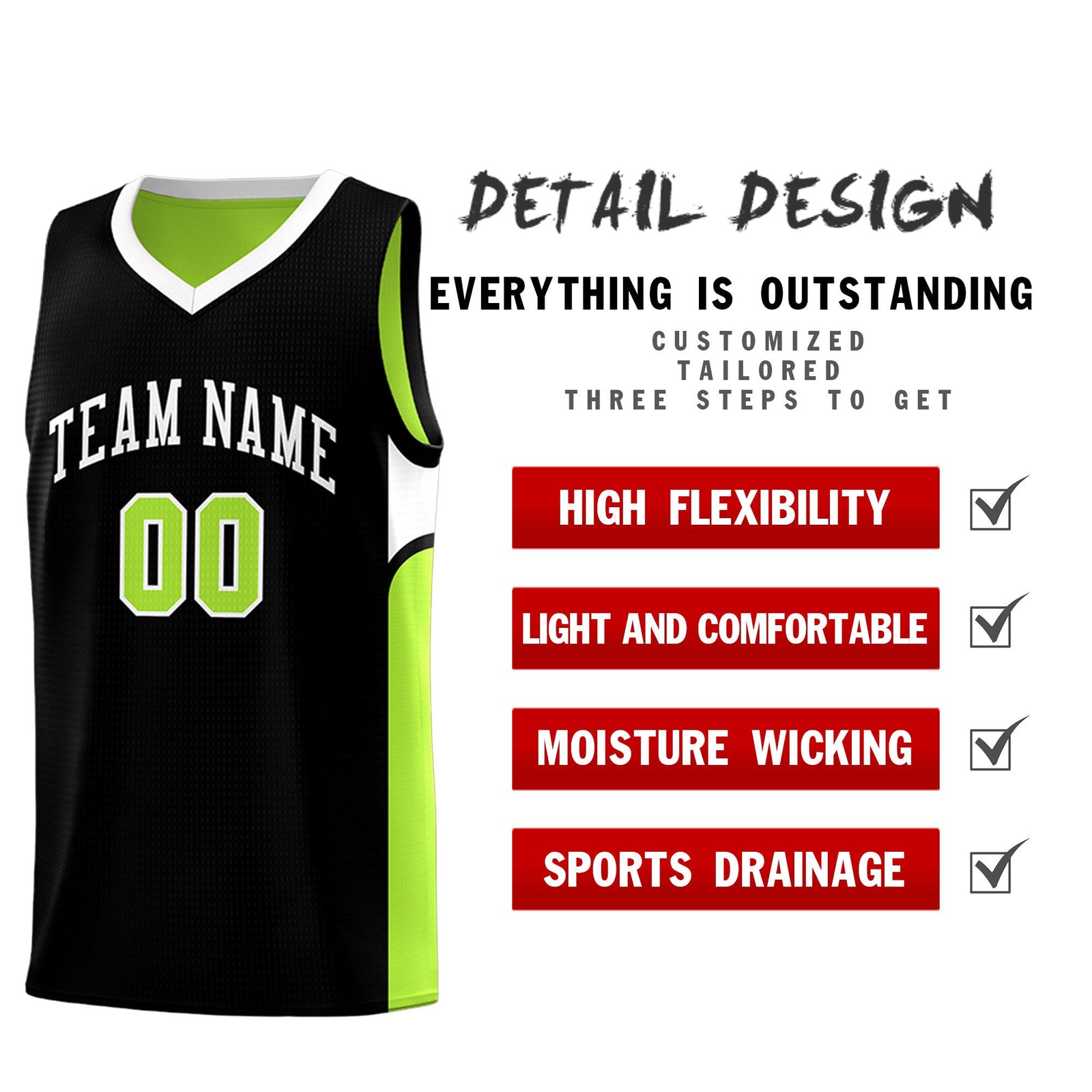 Custom Black Neon Green Side U-shaped Patttern Double Side Sports Uniform Basketball Jersey