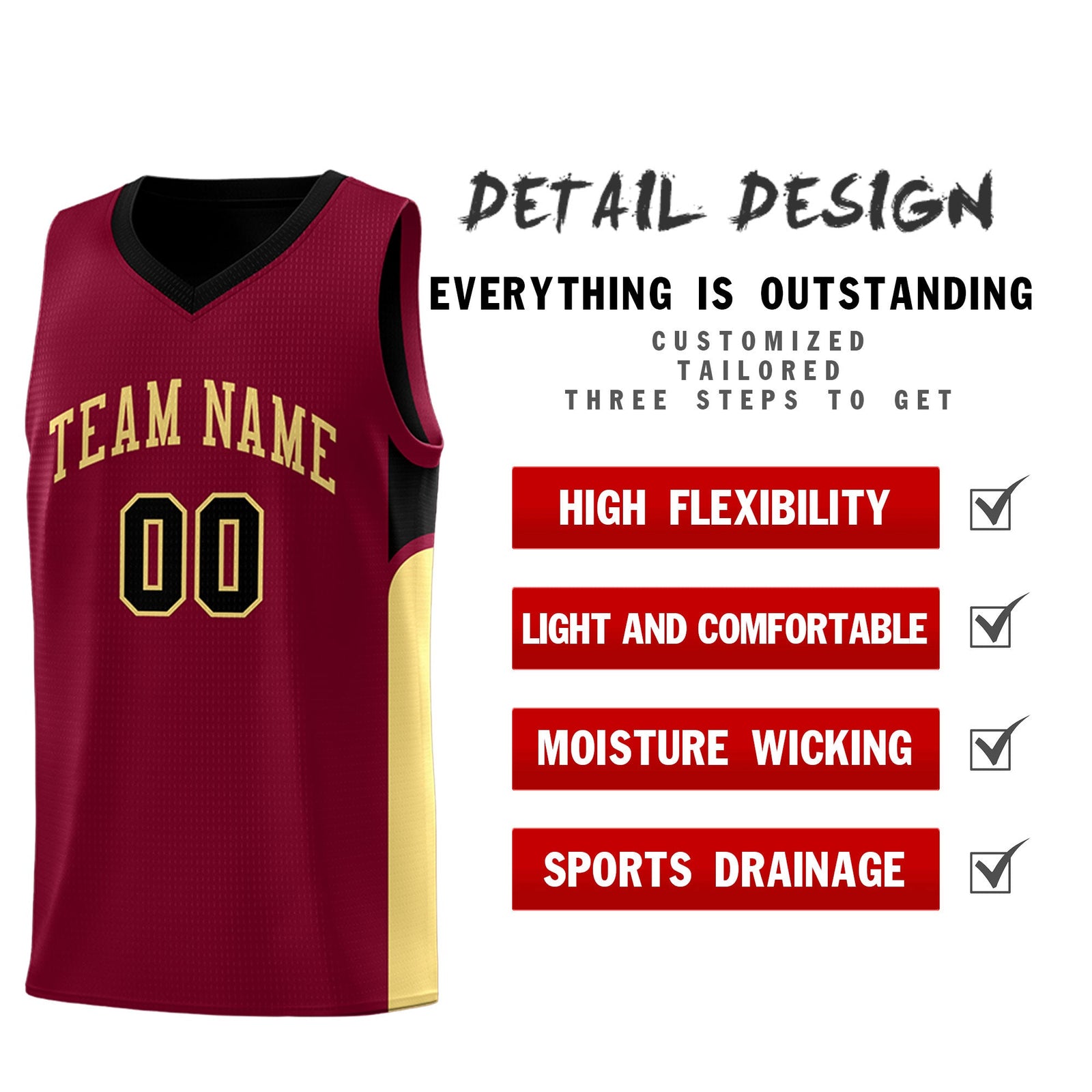 Custom Crimson Black Side U-shaped Patttern Double Side Sports Uniform Basketball Jersey