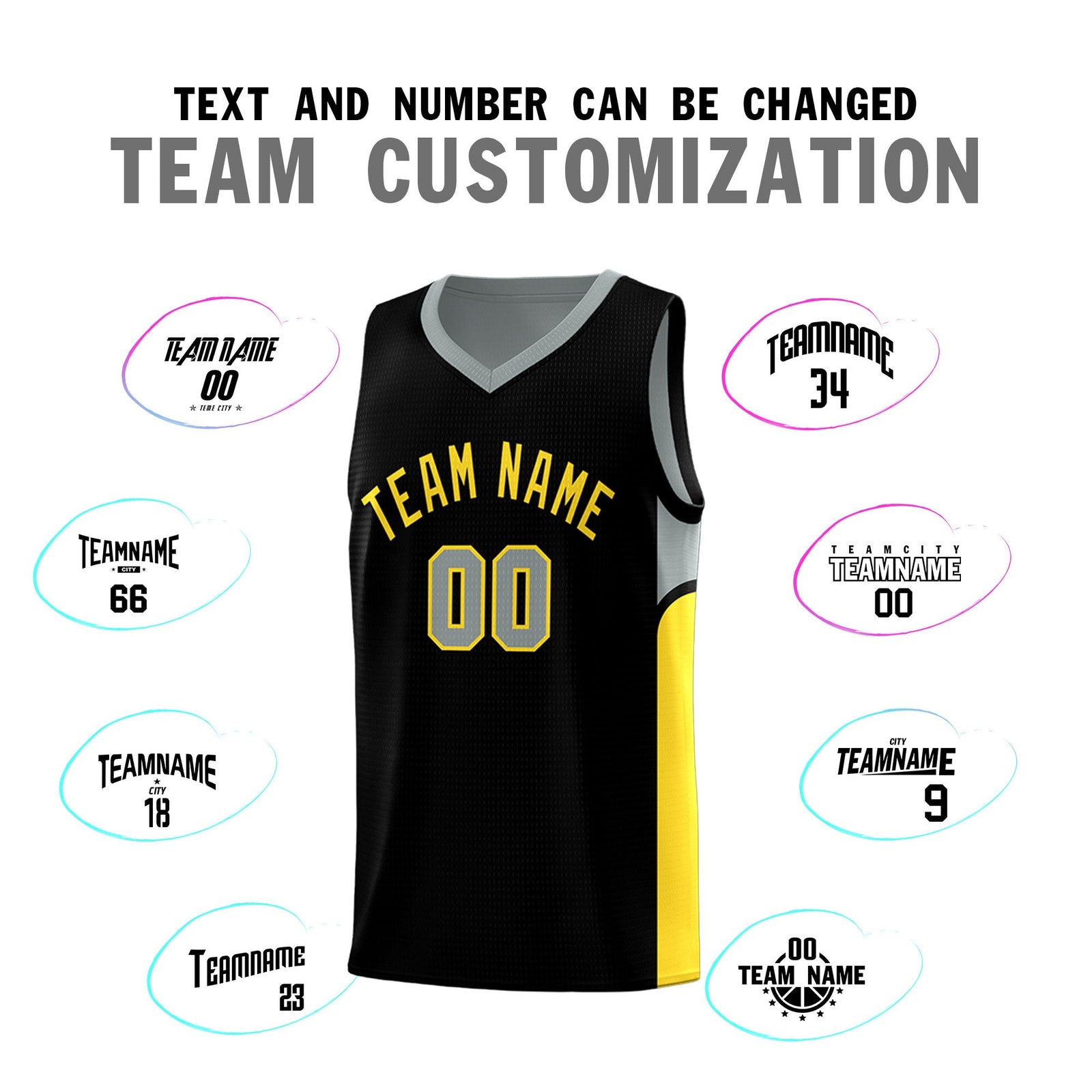 Custom Black Gray Side U-shaped Patttern Double Side Sports Uniform Basketball Jersey