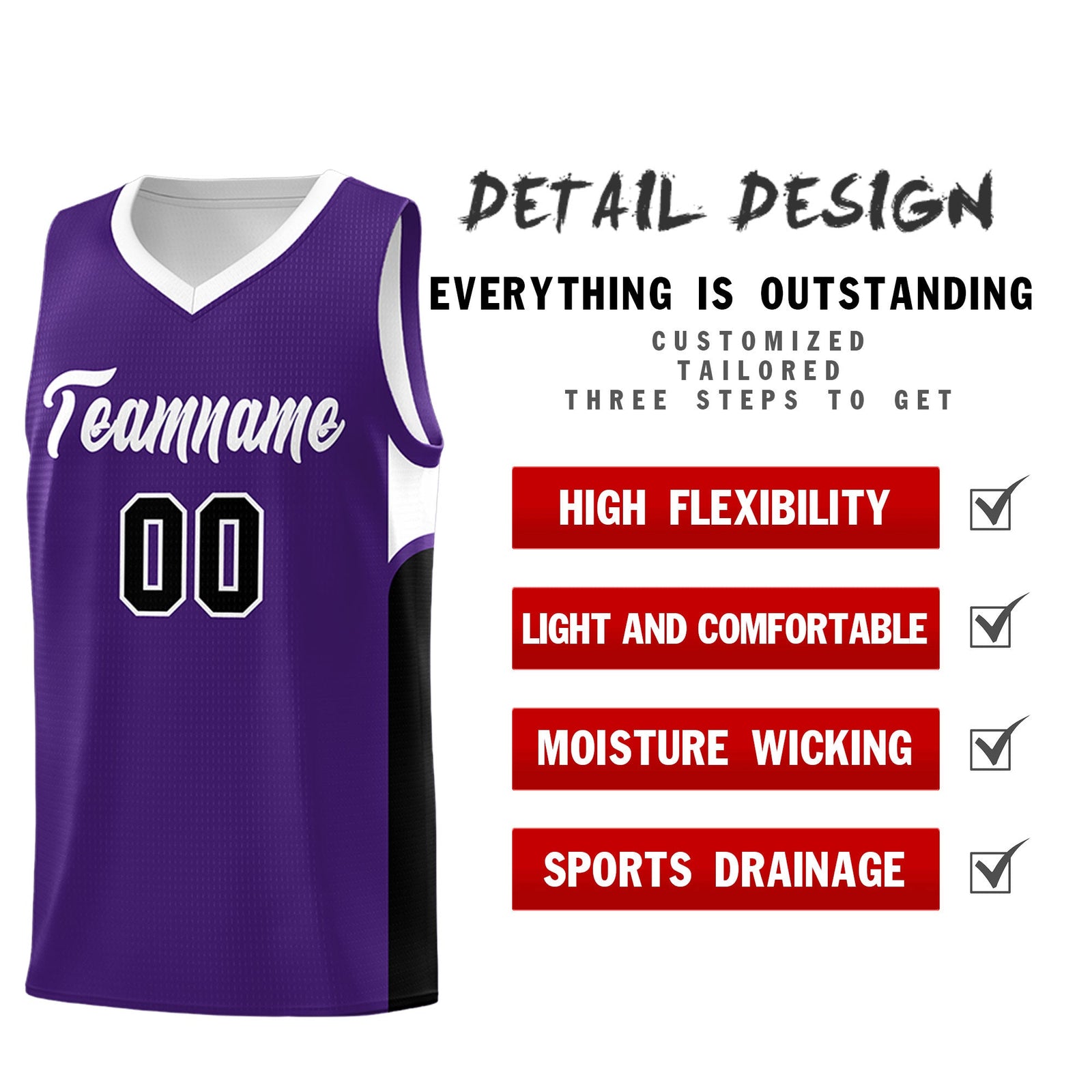 Custom Purple White Side U-shaped Patttern Double Side Sports Uniform Basketball Jersey