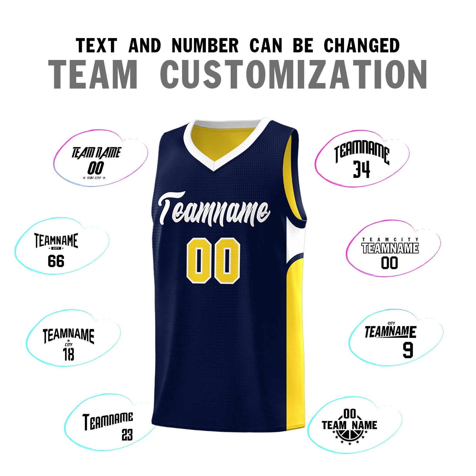 Custom Navy Gold Side U-shaped Patttern Double Side Sports Uniform Basketball Jersey