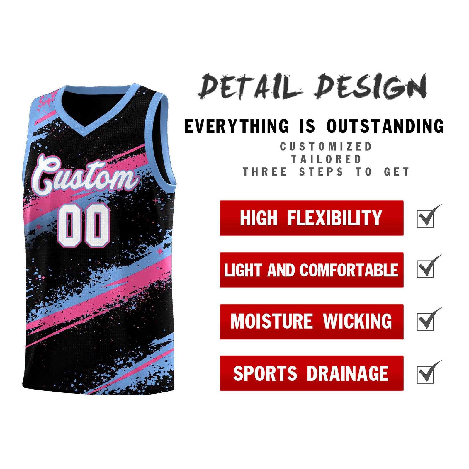 Custom Black Pink Light Blue Basketball Jersey Stellar Strike Series Reversible Lightweight