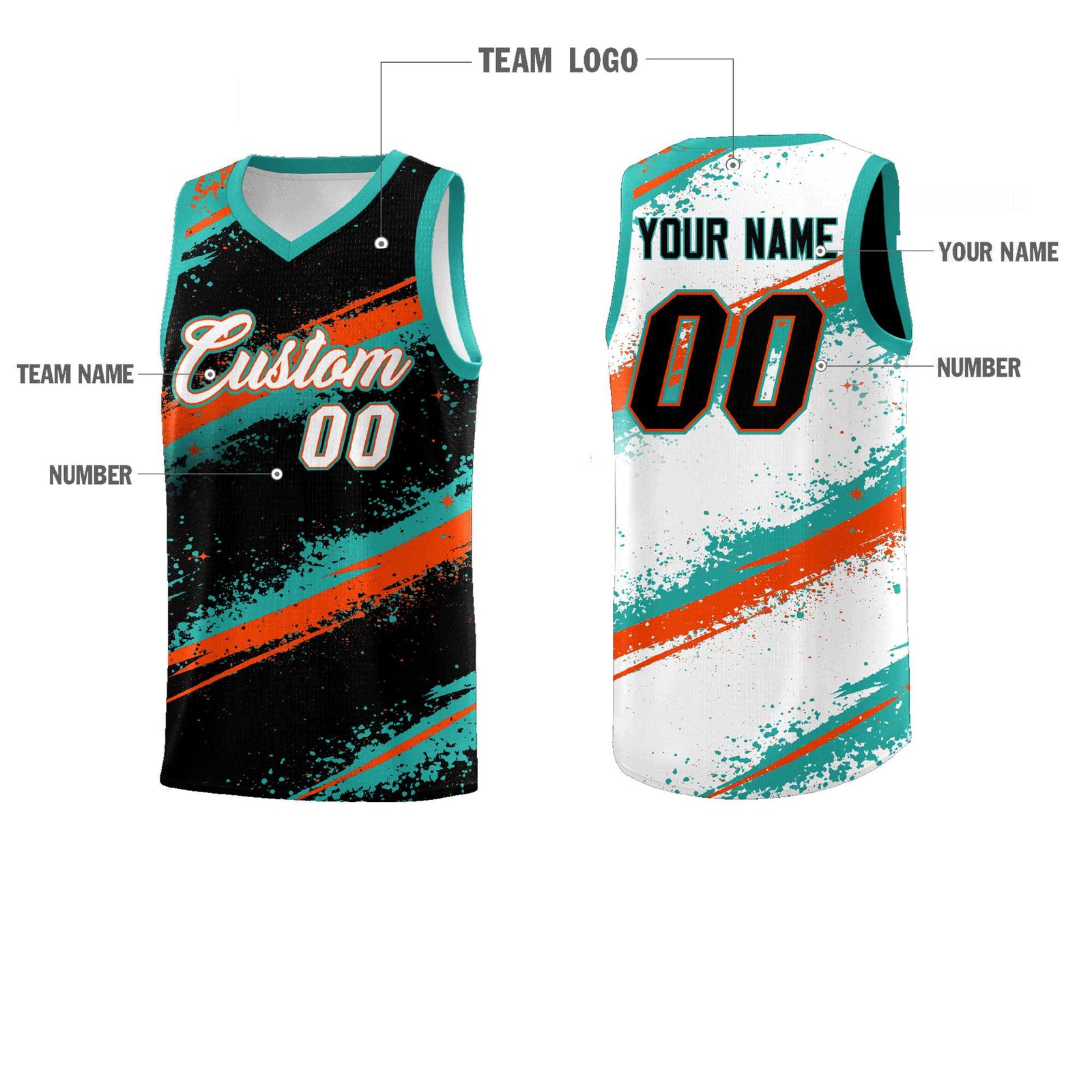 Custom Black Aqua Orange Basketball Jersey Stellar Strike Series Velocity Drapable