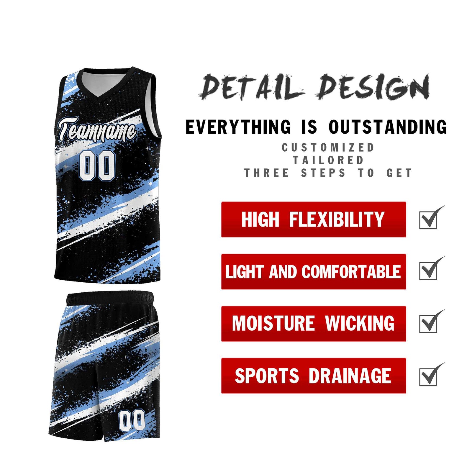 Custom Black Light Blue White Basketball Jersey Stellar Strike Series Splash Quick-Drying