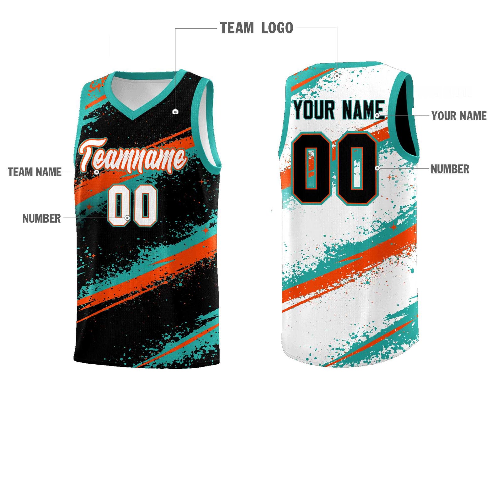 Custom Black Aqua Orange Basketball Jersey Stellar Strike Series Velocity Drapable
