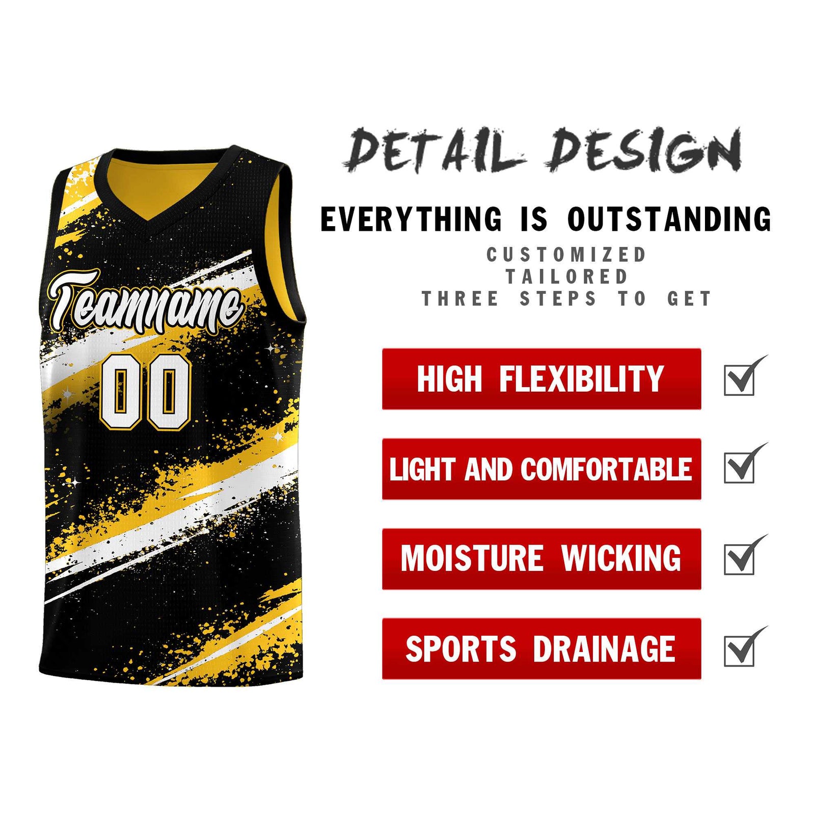 Custom Black Yellow White Basketball Jersey Stellar Strike Series Splash Wrinkle-Resistant
