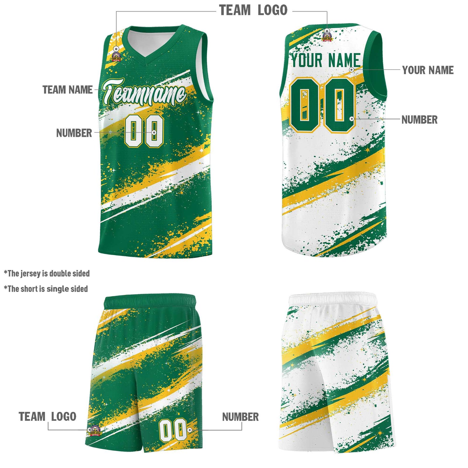 Custom Kelly Green Yellow White Basketball Jersey Stellar Strike Series Reversible Sublimation Printing
