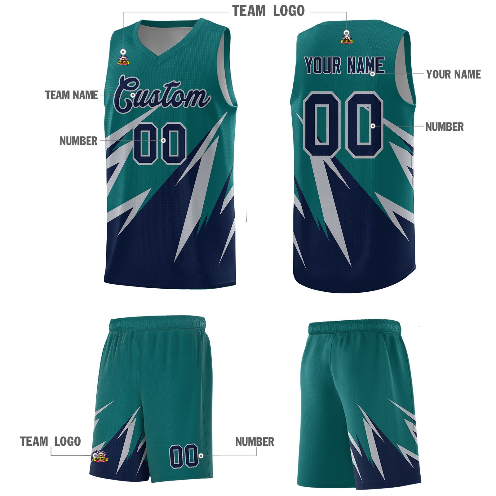 Custom Teal Abstract Mountain Pattern Sports Uniform Basketball Jersey