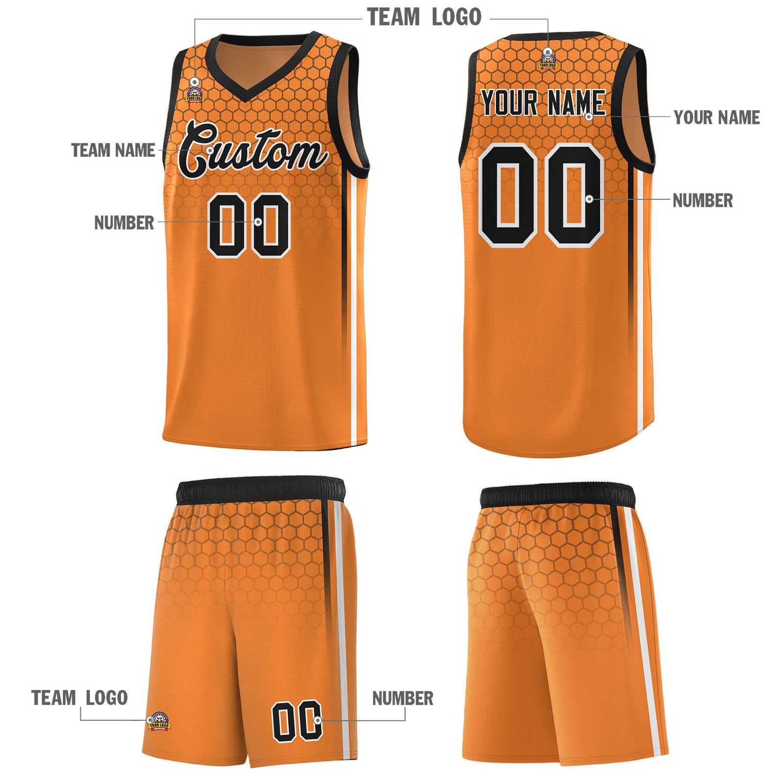 Custom Gold Orange Personalized Honeycomb Pattern Sports Uniform Basketball Jersey