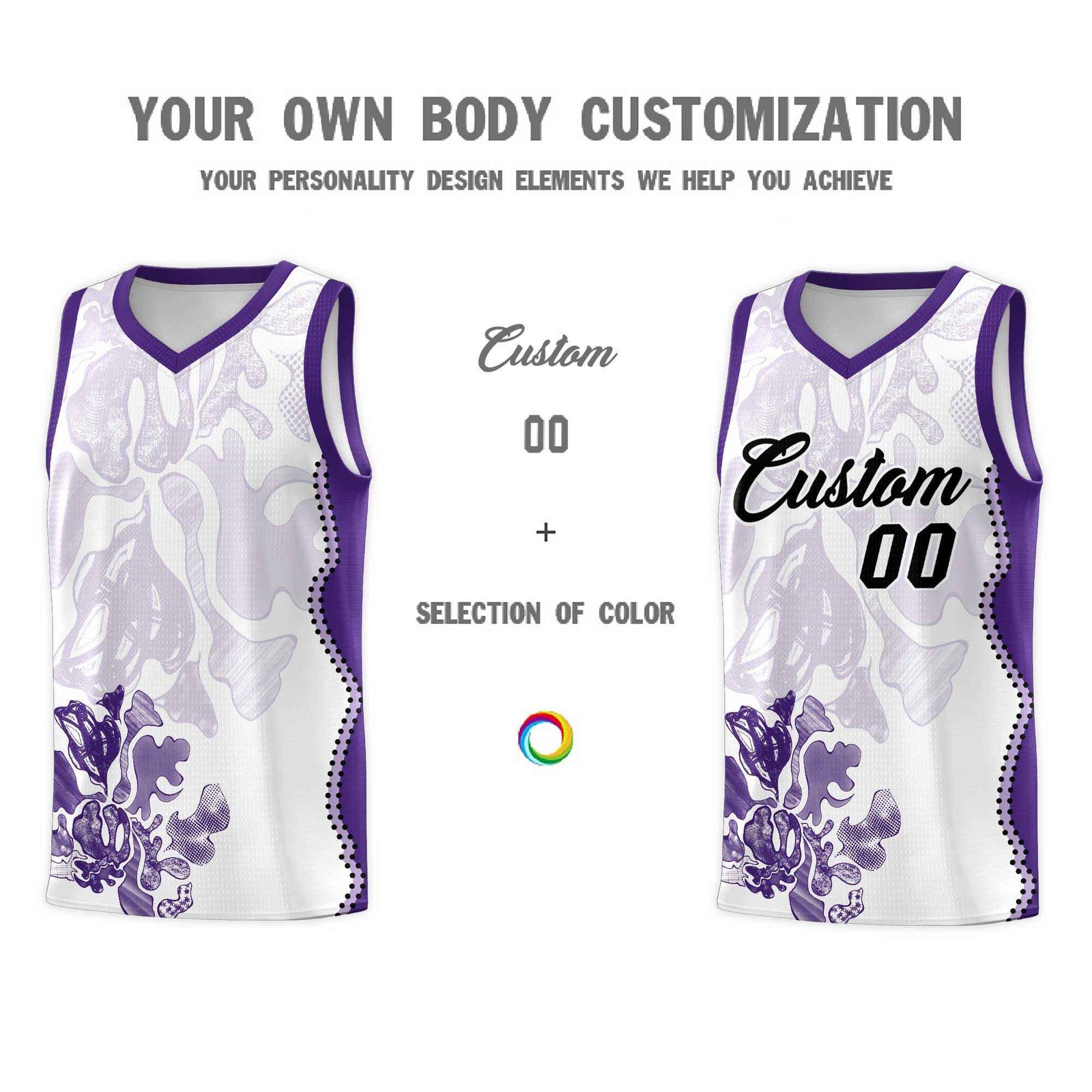 Custom White Purple Basketball Jersey - Illusion Flower Graffiti Moisture-wicking Fabric