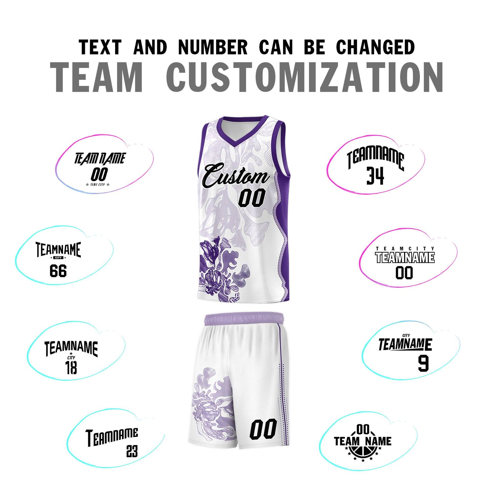 Custom White Purple Basketball Jersey - Illusion Flower Graffiti Moisture-wicking Fabric
