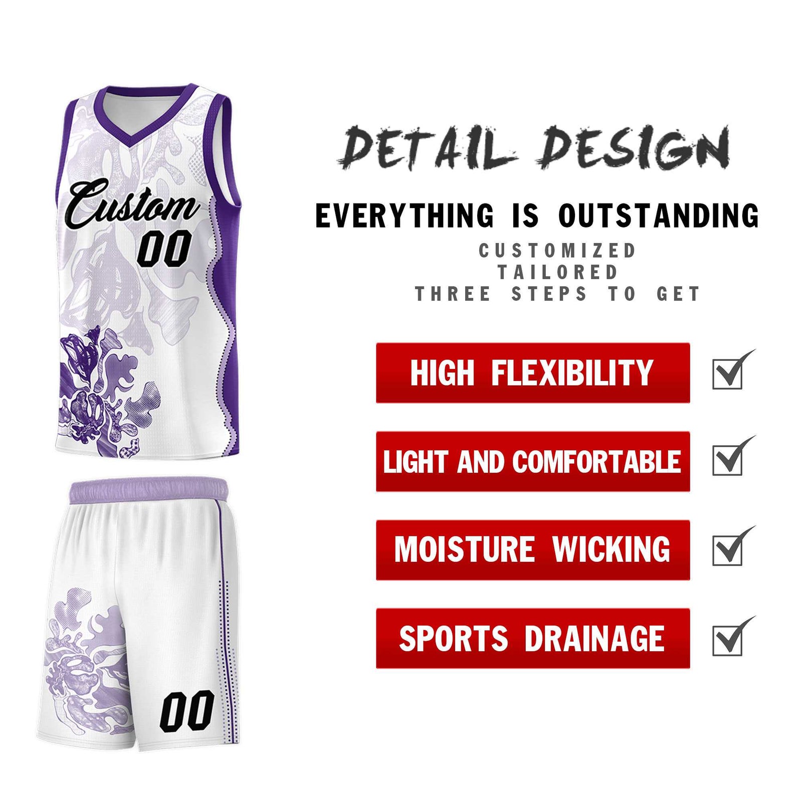 Custom White Purple Basketball Jersey - Illusion Flower Graffiti Moisture-wicking Fabric