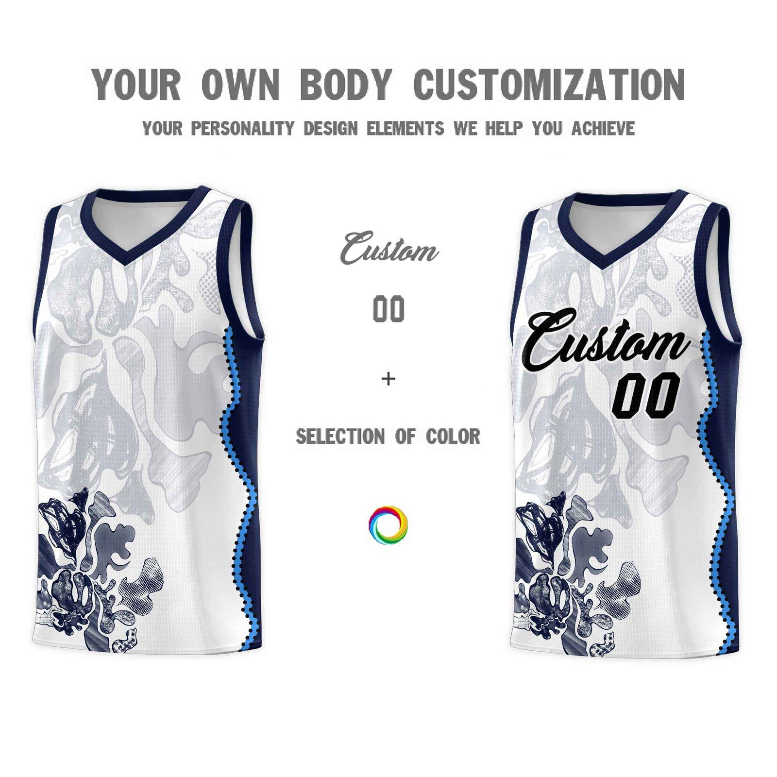 Custom White Navy Basketball Jersey - Illusion Flower Graffiti Breathable Fabric