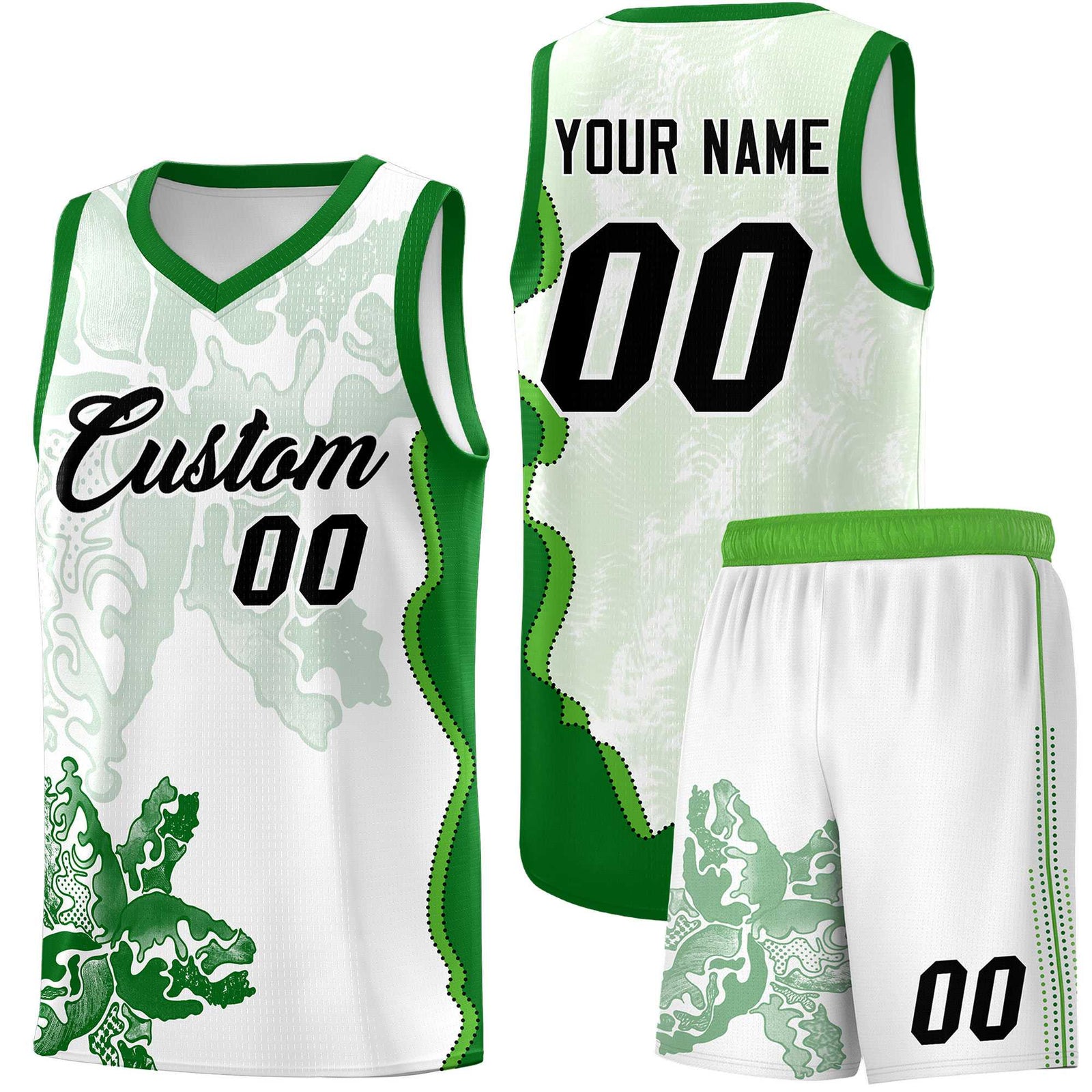 Custom White Kelly Green Basketball Jersey - Illusion Flower Graffiti Moisture wicking Fabric