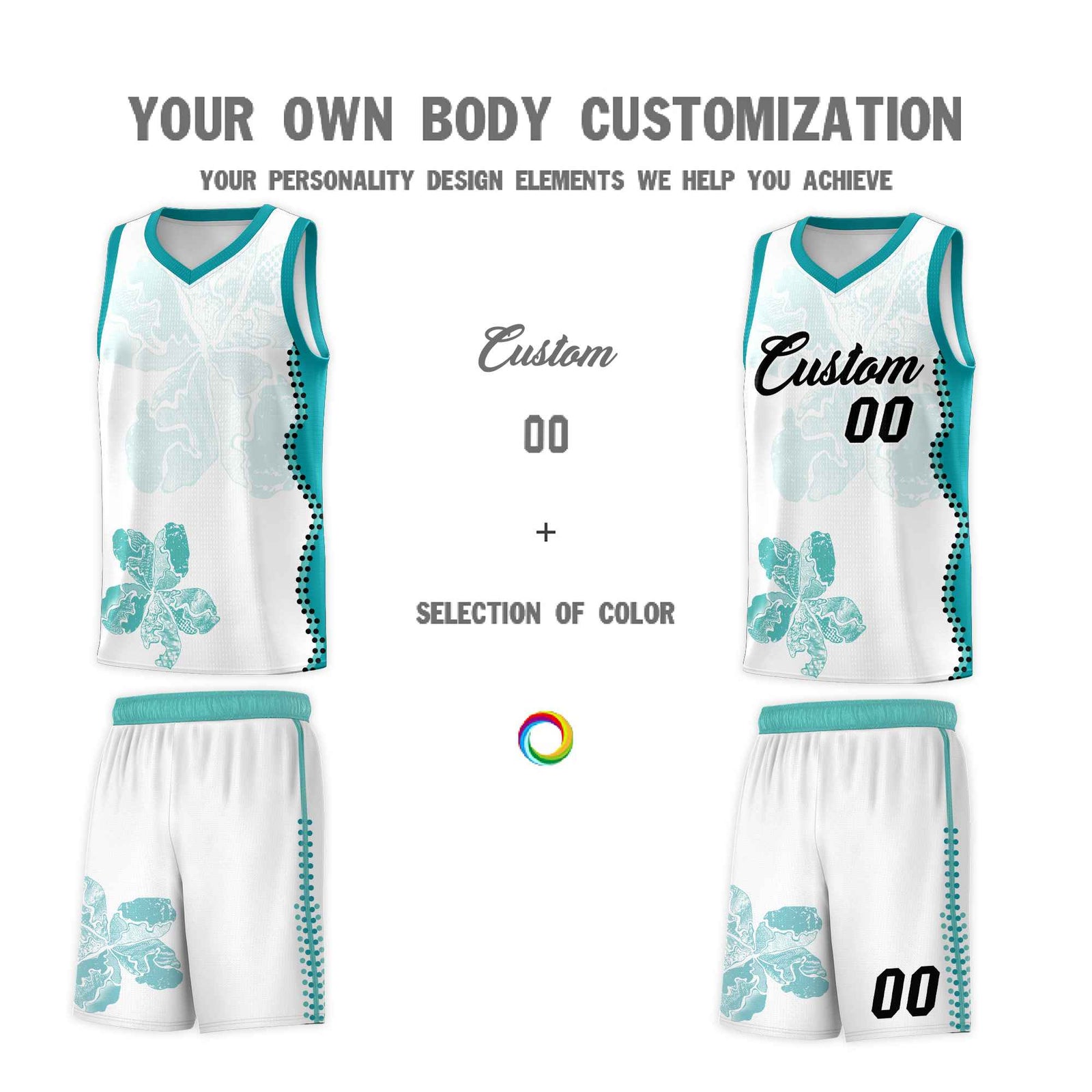 Custom White Teal Basketball Jersey - Illusion Flower Graffiti Lightweight Fabric