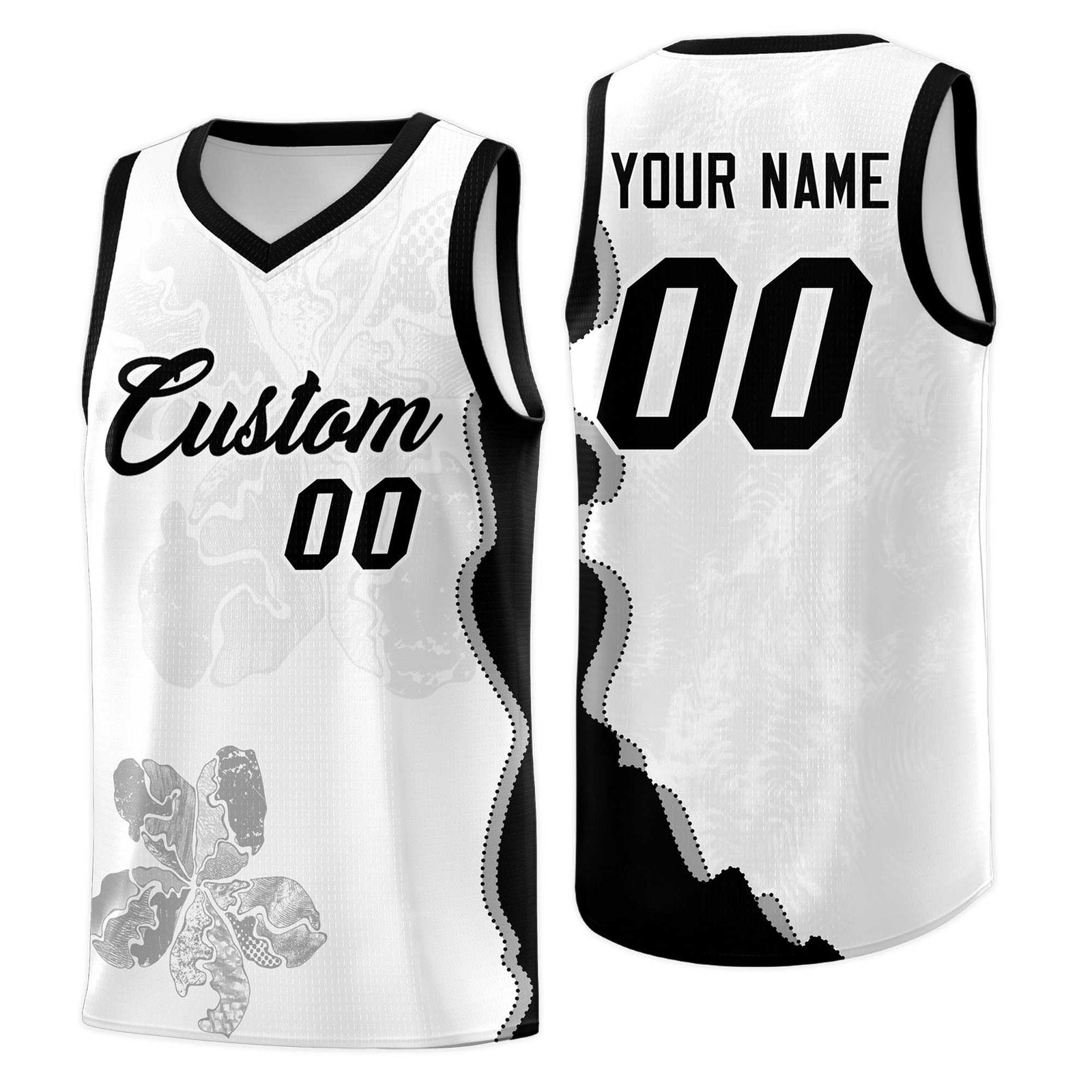 Custom White Black Basketball Jersey - Illusion Flower Graffiti Stylish Fabric