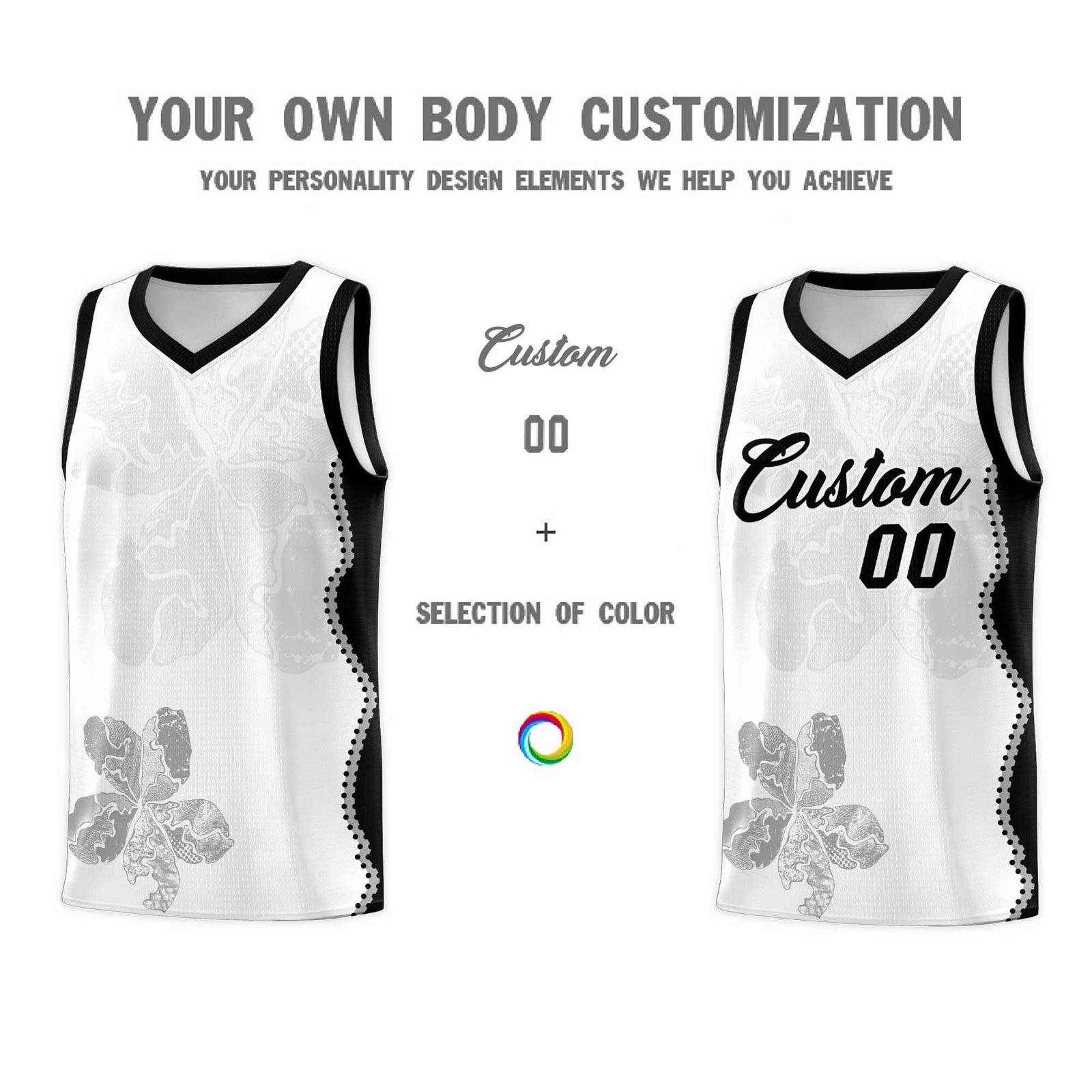 Custom White Black Basketball Jersey - Illusion Flower Graffiti Stylish Fabric